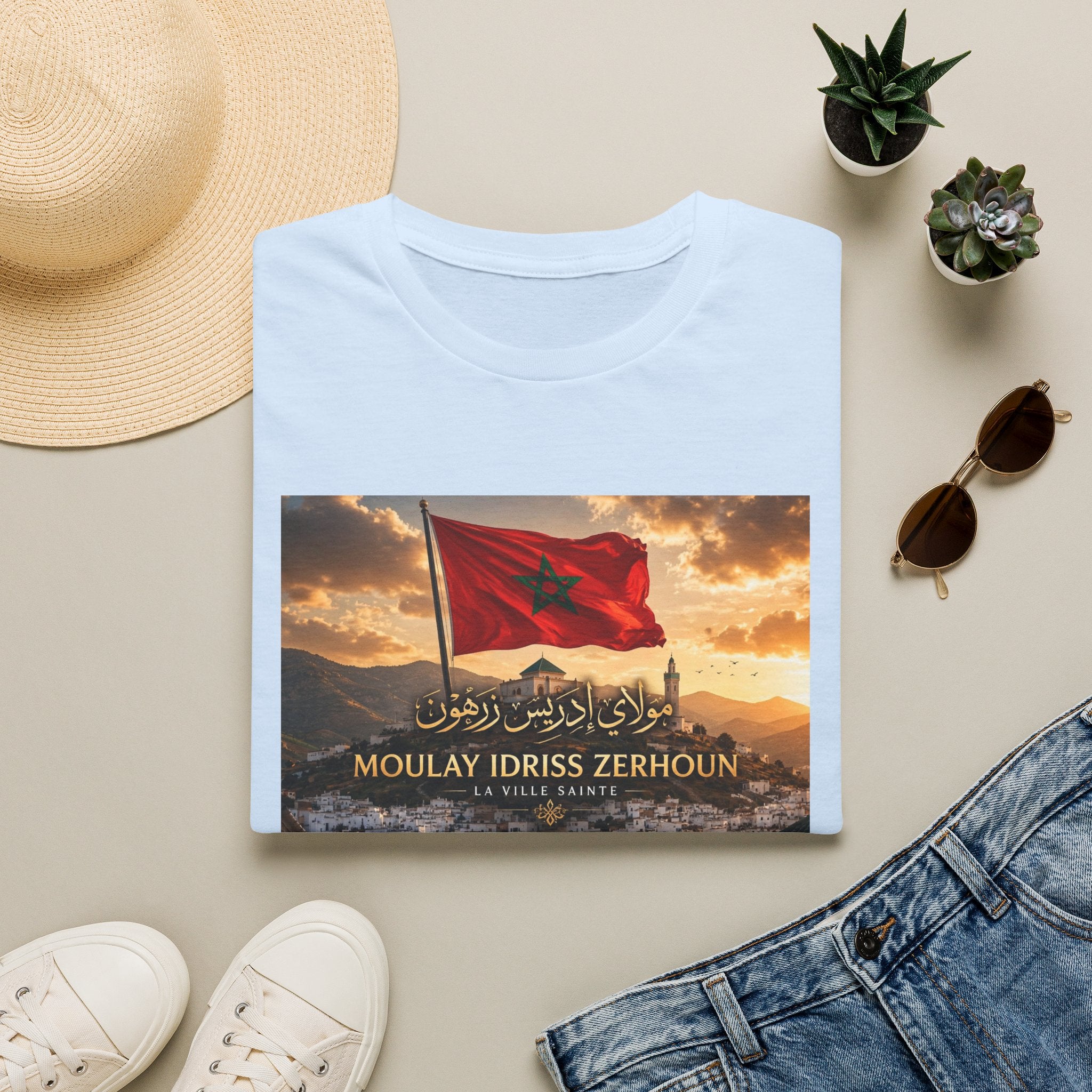 Moulay Idriss Zerhoun Morocco Flag T‑Shirt — Scenic Sunset Cityscape Tee - LUMÏA