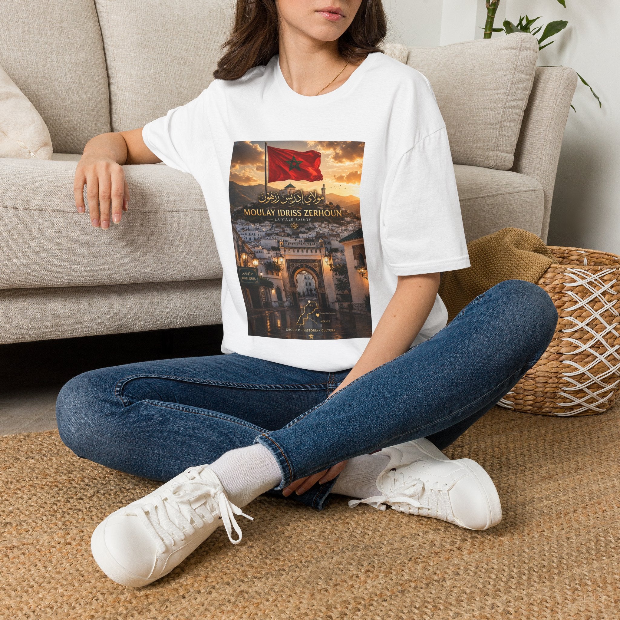 Moulay Idriss Zerhoun Morocco Flag T‑Shirt — Scenic Sunset Cityscape Tee