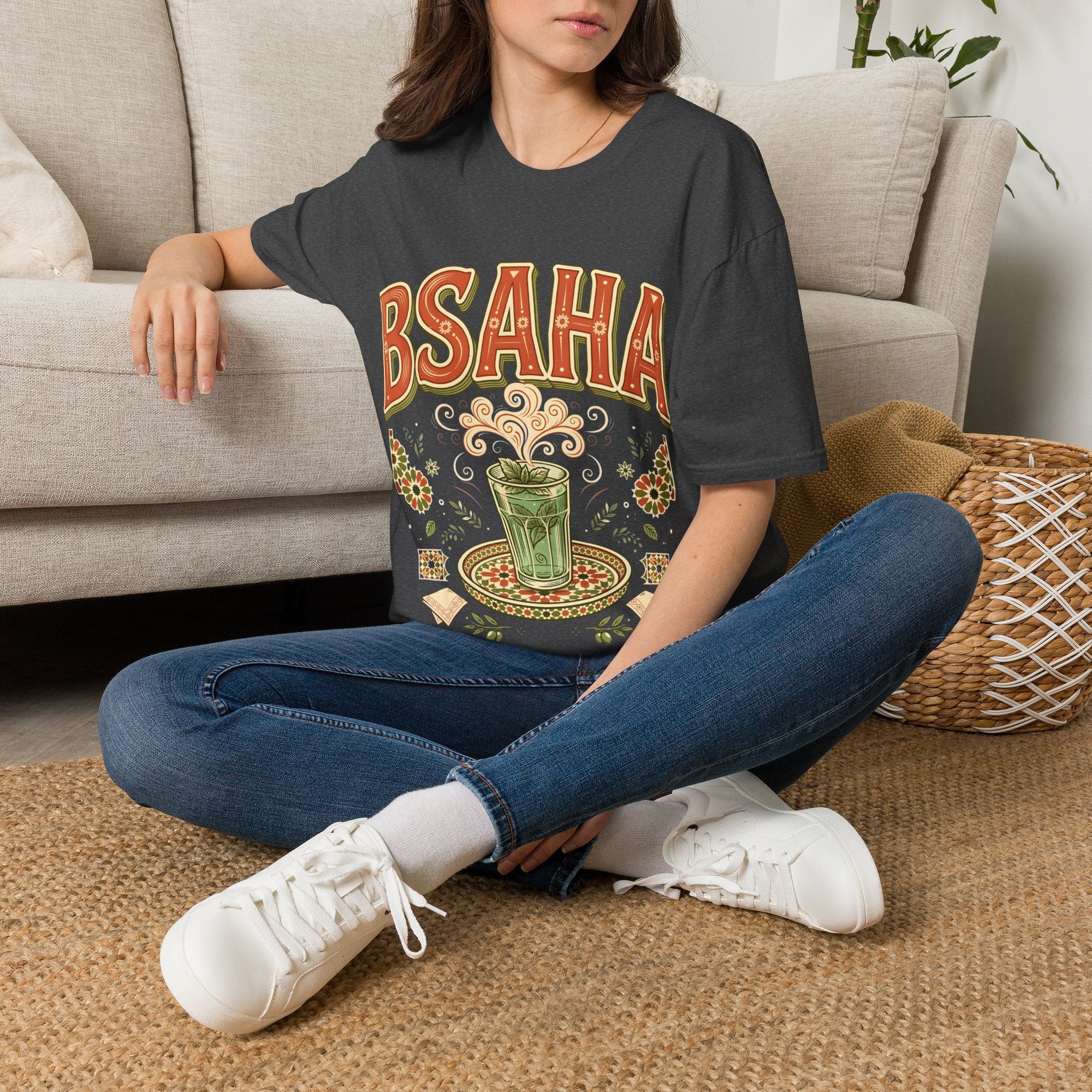 T-Shirt — 'BSAHA' Retro Floral Tee with Matcha Glass Graphic - LUMÏA