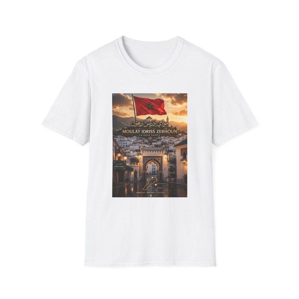 Moulay Idriss Zerhoun Morocco Flag T‑Shirt — Scenic Sunset Cityscape Tee
