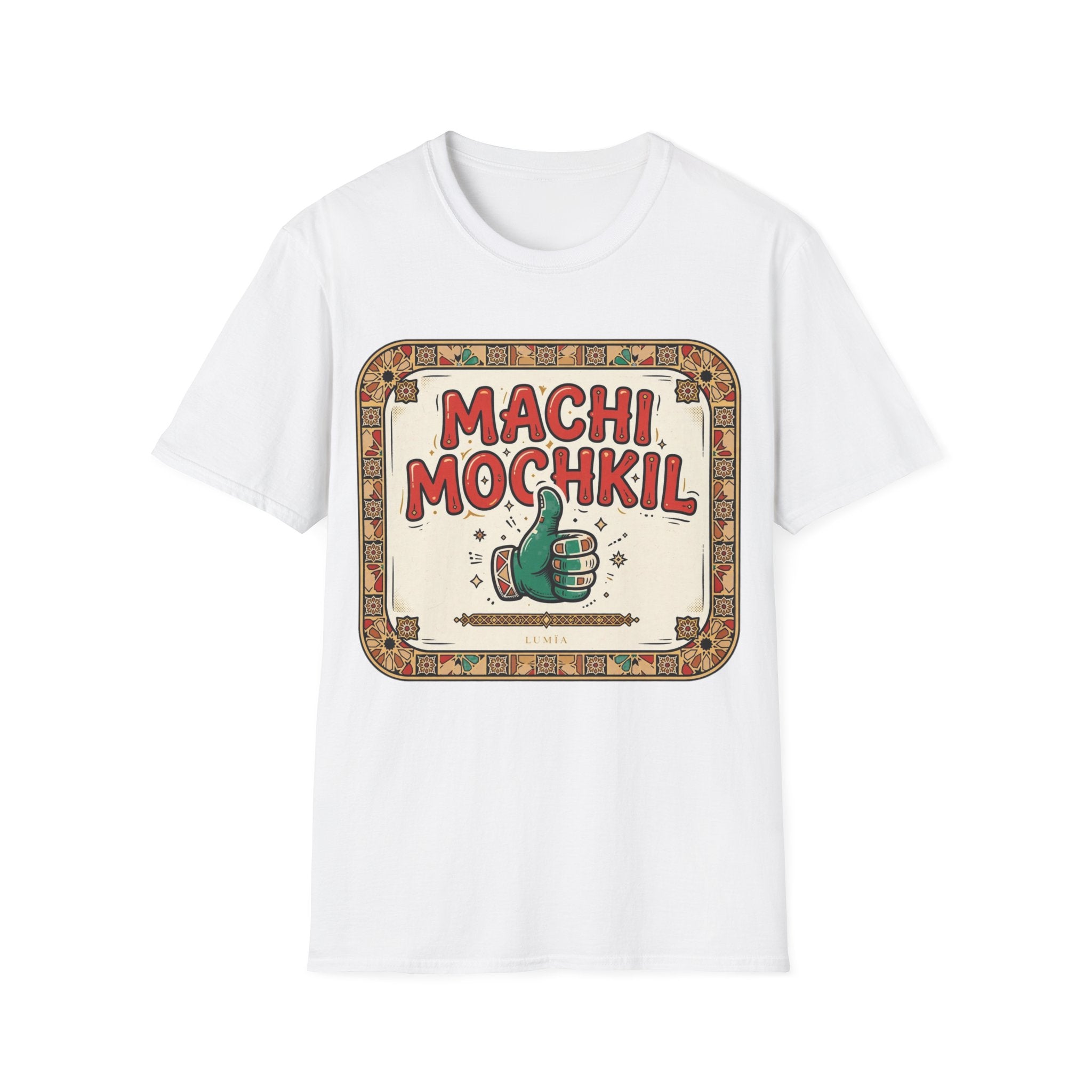 Machi Mochkil Graphic T‑Shirt — Retro Thumbs-Up Punjabi Phrase Tee
