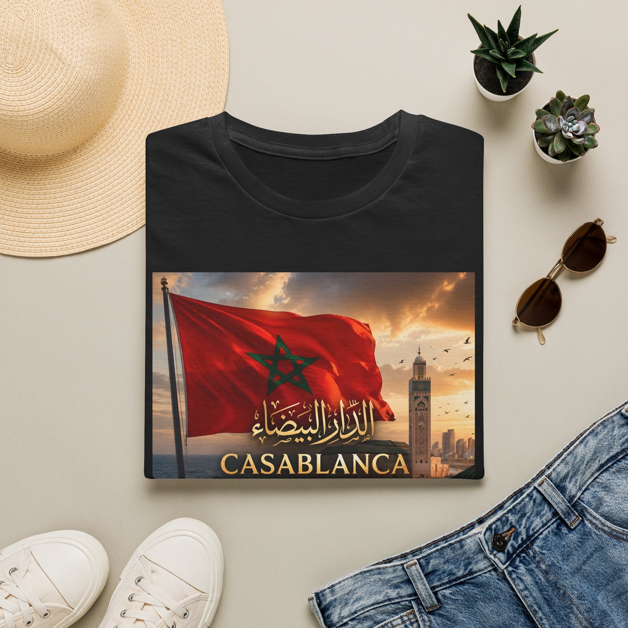 Casablanca Flag T-Shirt — Moroccan Cityscape Tee (Arabic Text 'الدار البيضاء') - LUMÏA