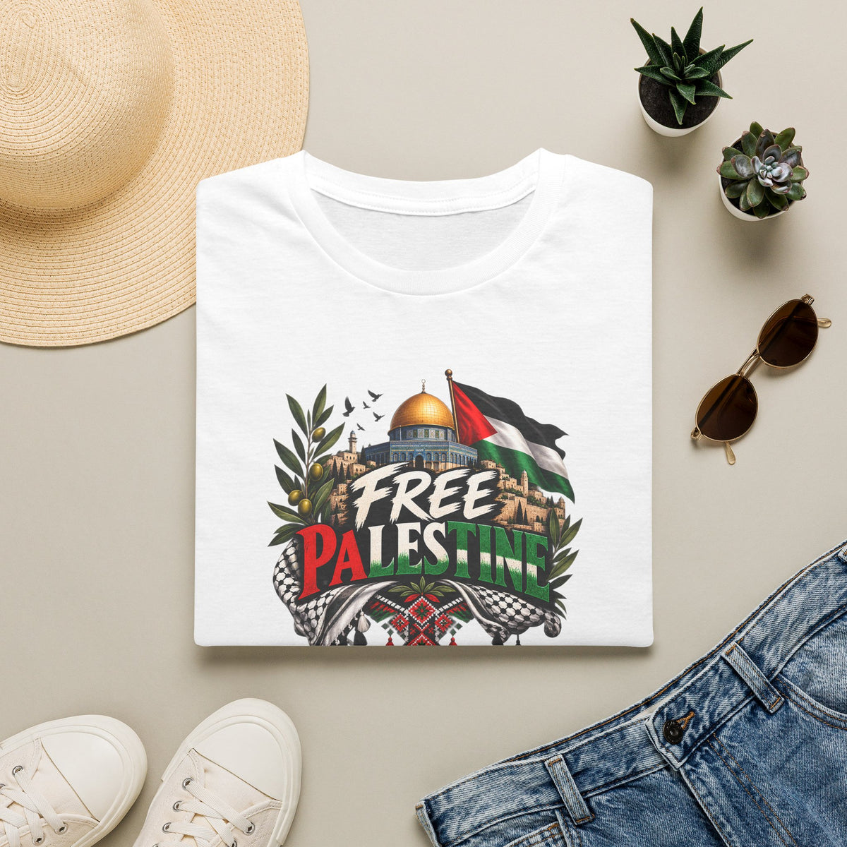 T-shirt Palestine – Motif Dôme du Rocher, branches d’olivier et drapeau - LUMÏA