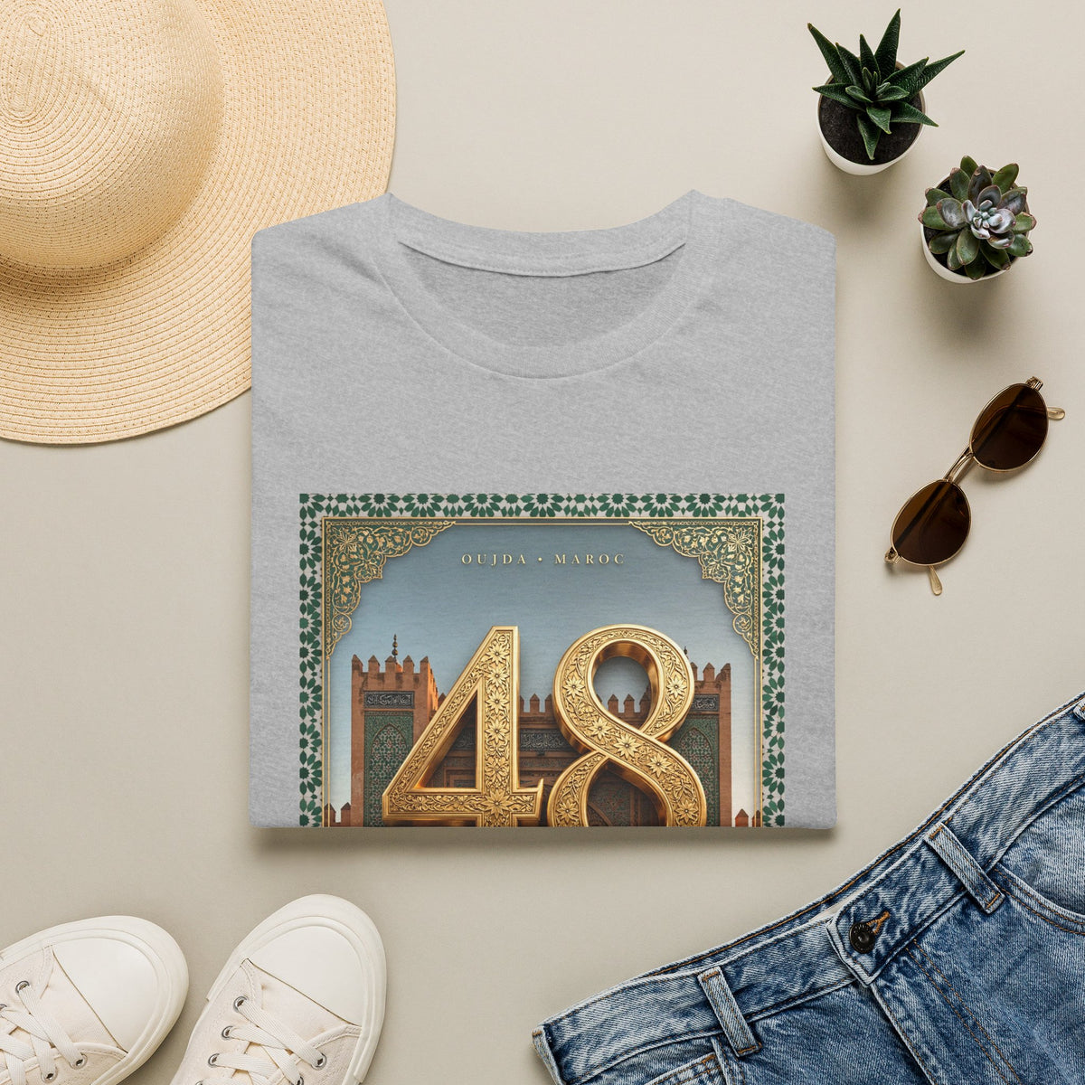 48 Oujda Arch Gold T-Shirt — Moroccan City Souvenir Graphic Tee - LUMÏA