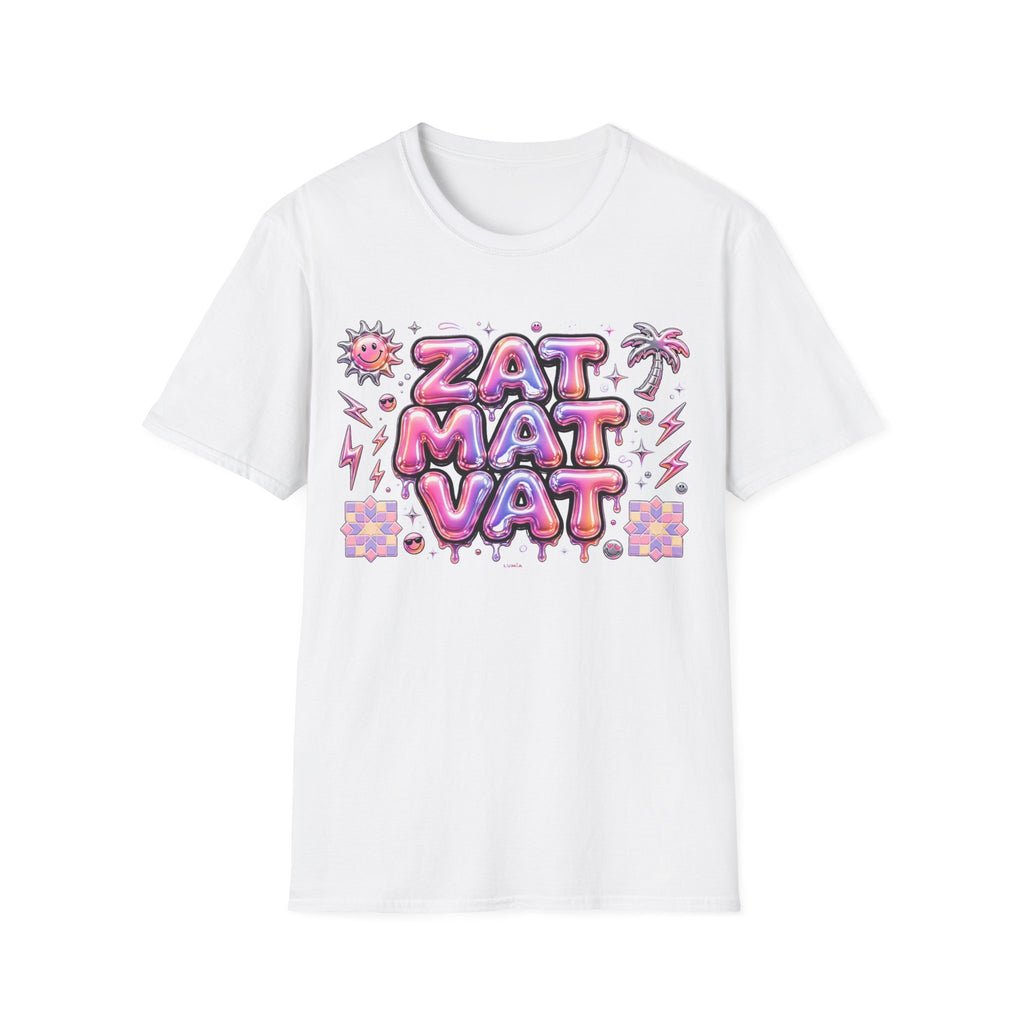 Retro Bubble-Text Tee — 'ZAT MAT VAT' Pink Tropical Graphic T-Shirt