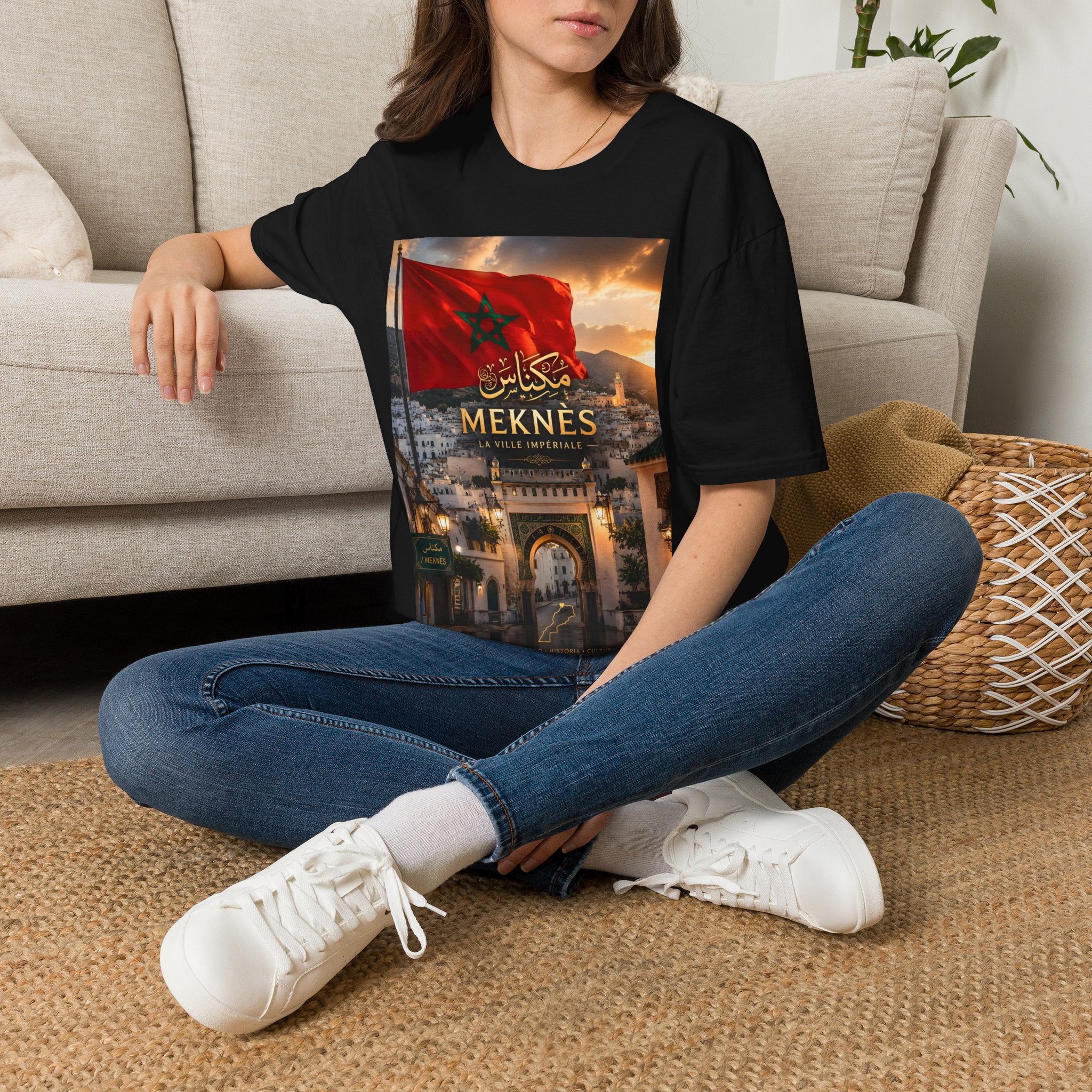 Meknès Morocco Flag T‑Shirt — Arabic Script City Skyline Tee