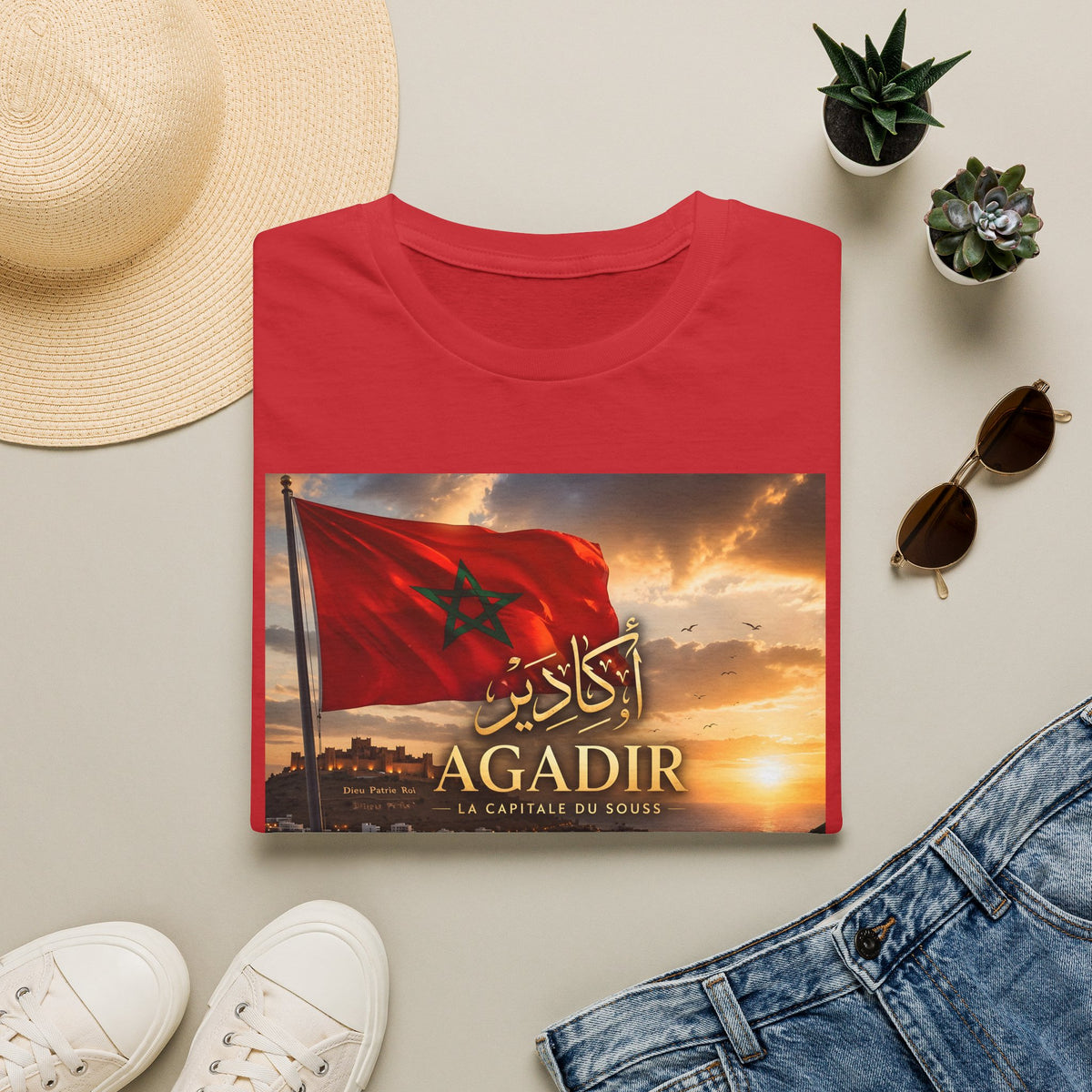 Agadir Morocco Flag T-Shirt — Sunset Cityscape with Arabic Script - LUMÏA