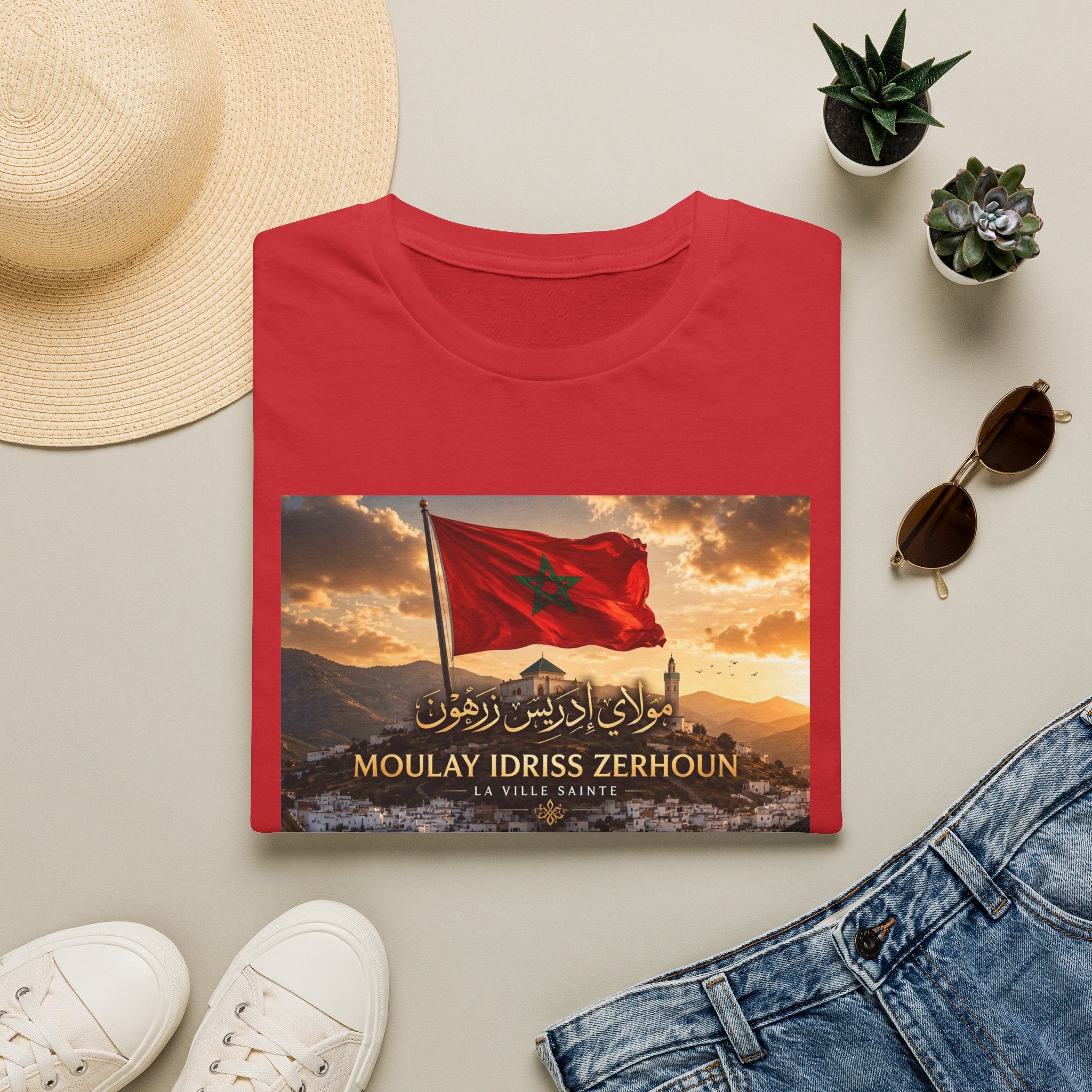 Moulay Idriss Zerhoun Morocco Flag T‑Shirt — Scenic Sunset Cityscape Tee - LUMÏA