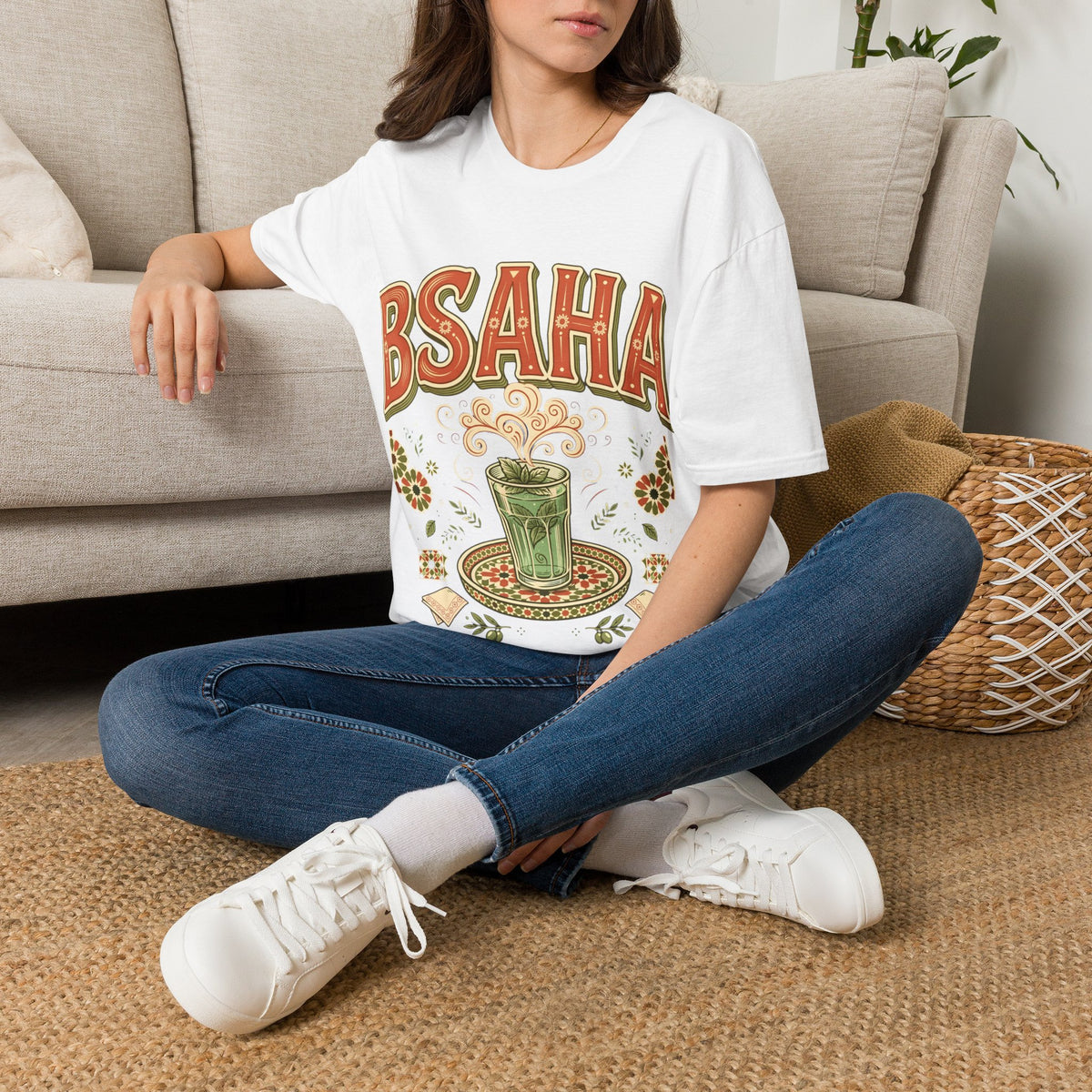 T-Shirt — 'BSAHA' Retro Floral Tee with Matcha Glass Graphic - LUMÏA
