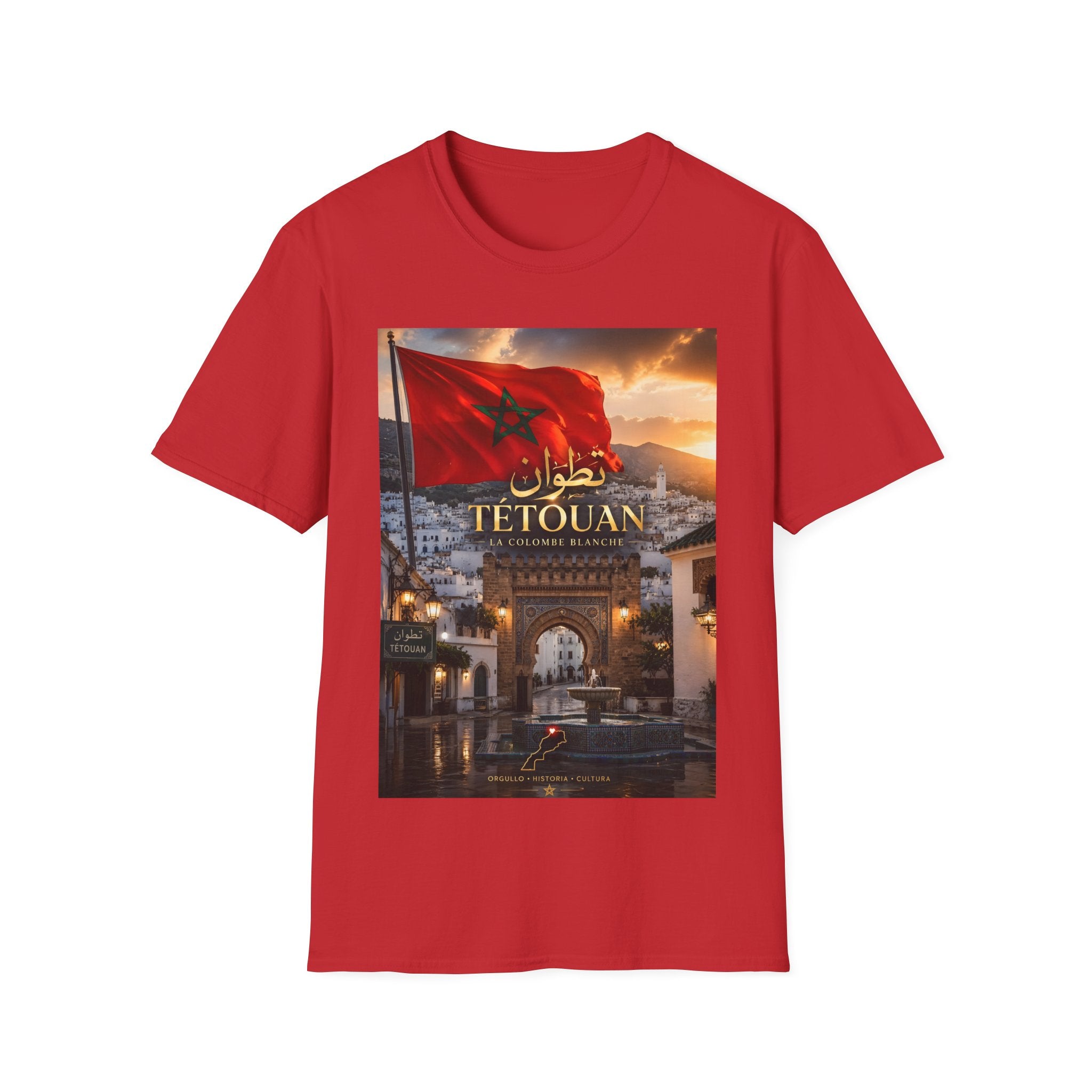 Tétouan Morocco Flag T-Shirt – Sunset Cityscape Tee with Arabic Script
