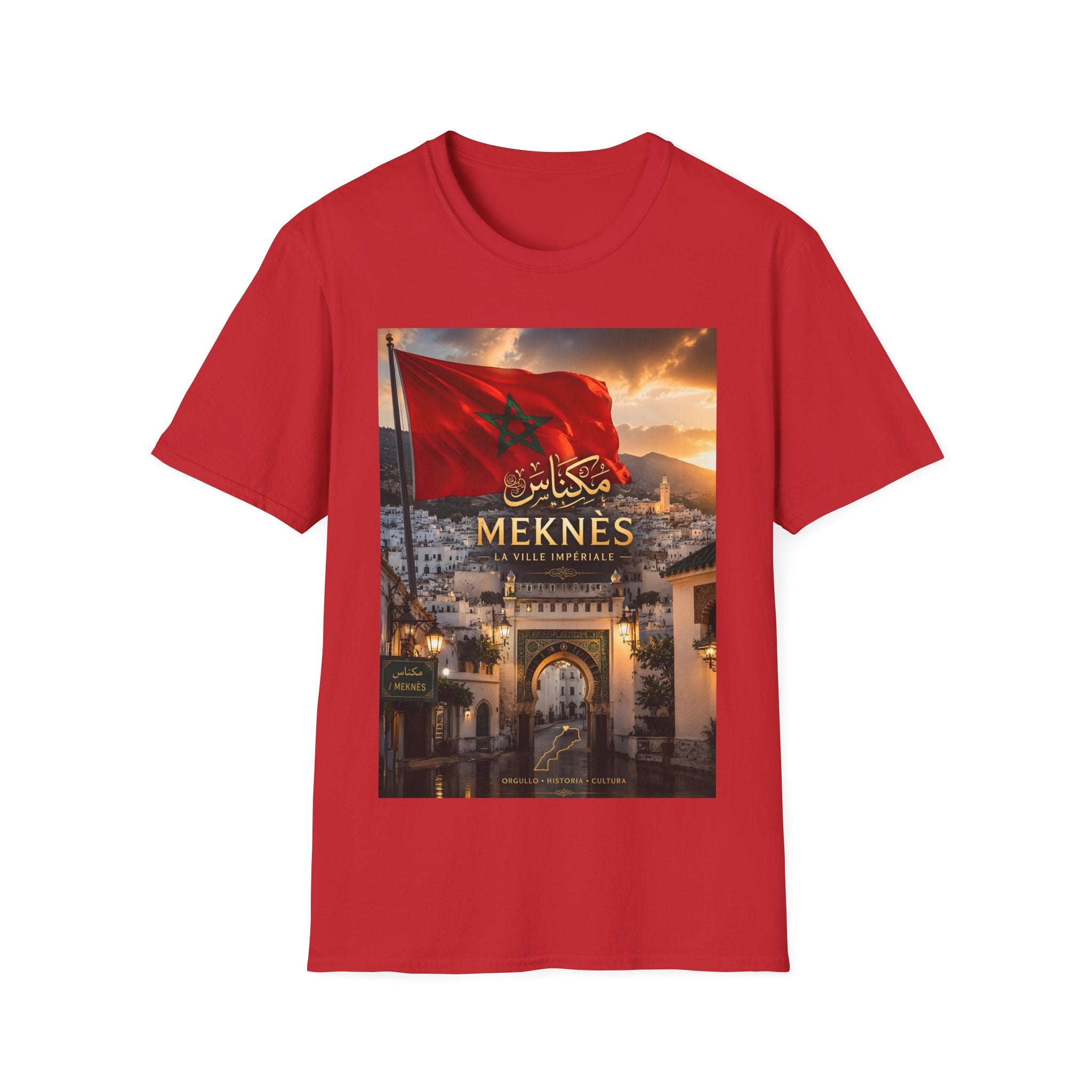 Meknès Morocco Flag T‑Shirt — Arabic Script City Skyline Tee