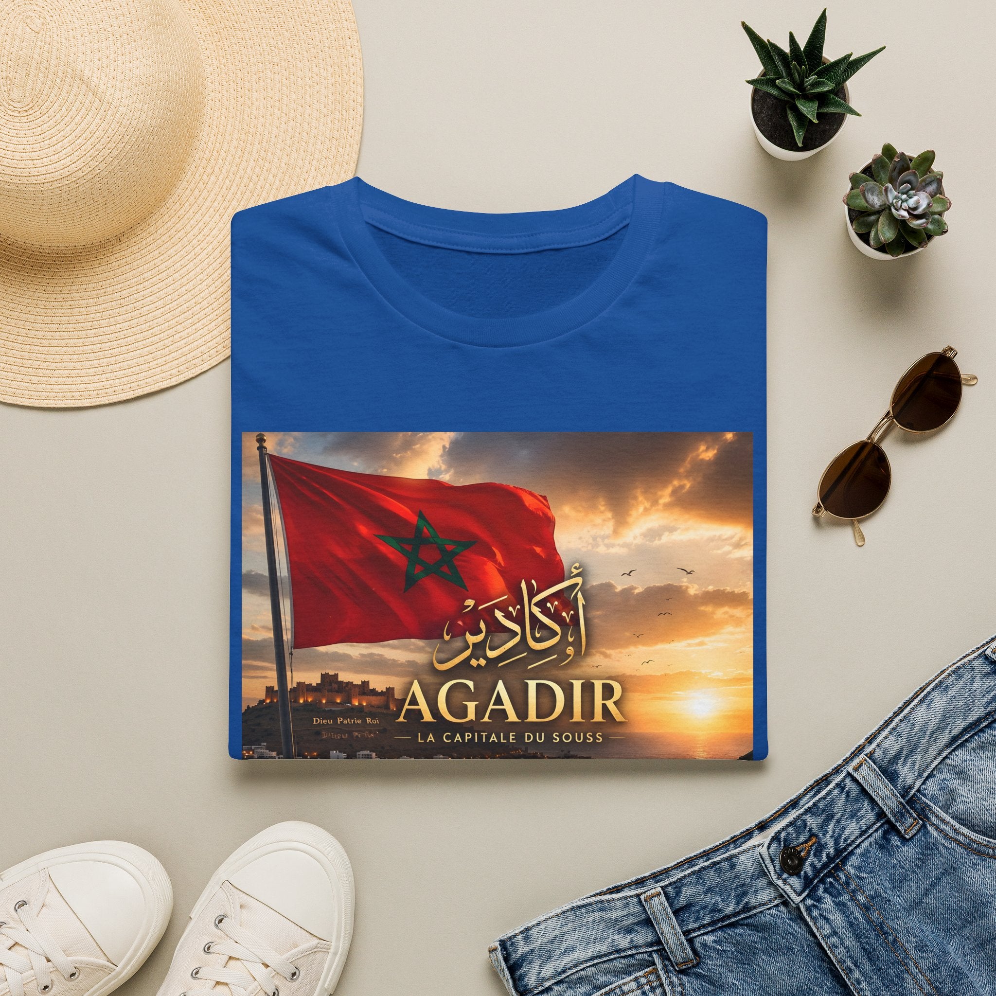 Agadir Morocco Flag T-Shirt — Sunset Cityscape with Arabic Script - LUMÏA