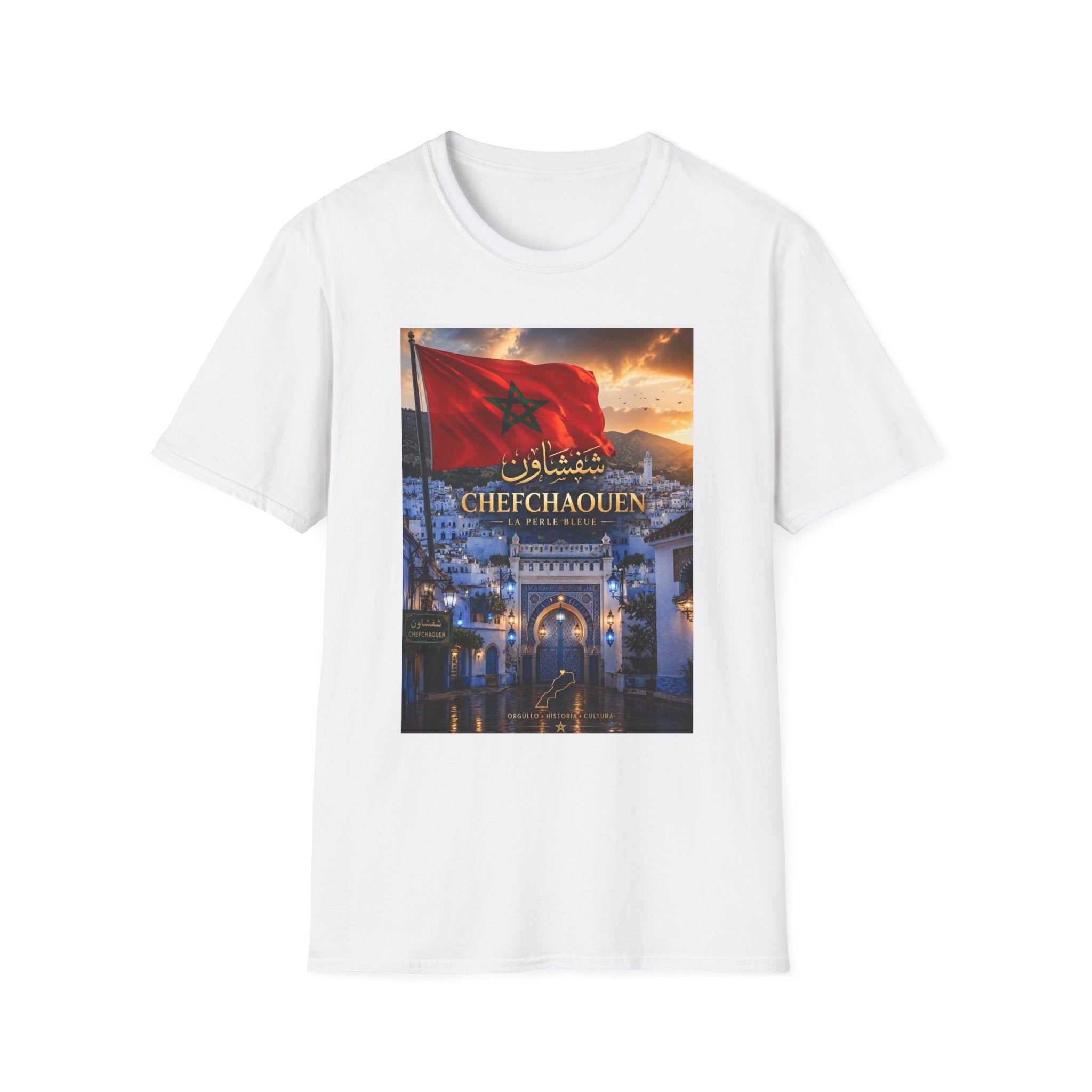 Chefchaouen Morocco Flag Graphic T-Shirt — La Perle Bleue Cityscape Tee