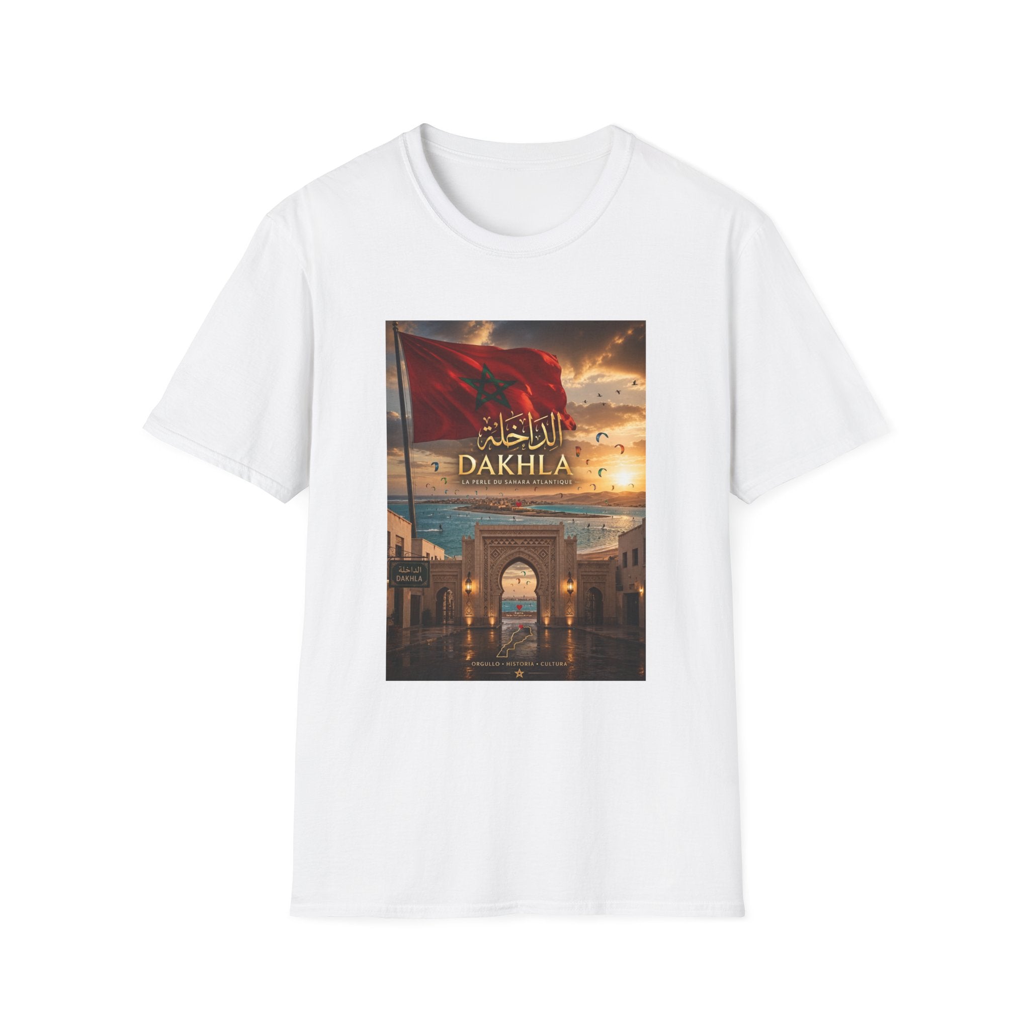 Dakhla Morocco Flag Sunset T-Shirt — Arabic Script Coastal Travel Tee