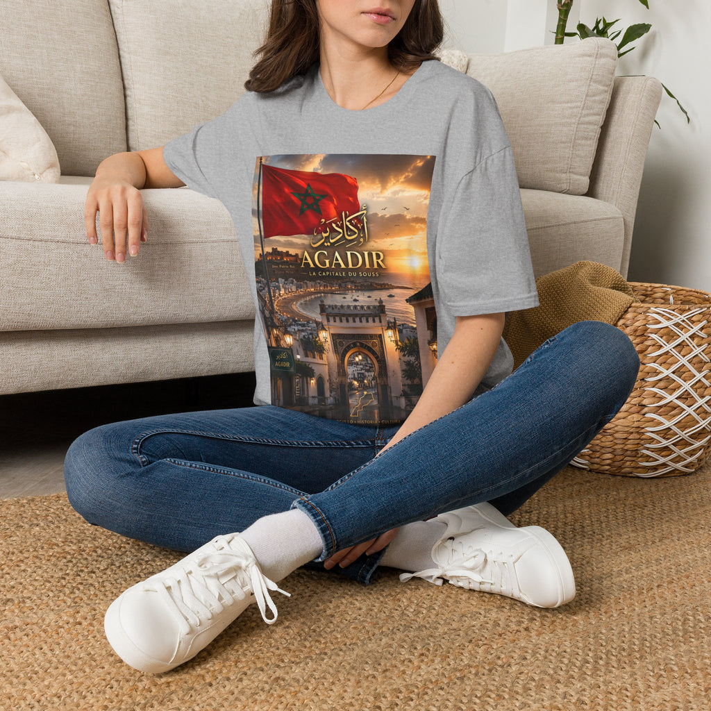 Agadir Morocco Flag T-Shirt — Sunset Cityscape with Arabic Script