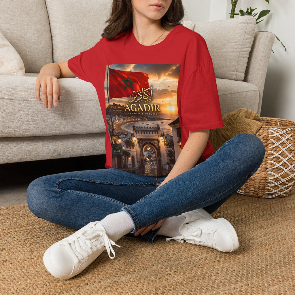 Agadir Morocco Flag T-Shirt — Sunset Cityscape with Arabic Script