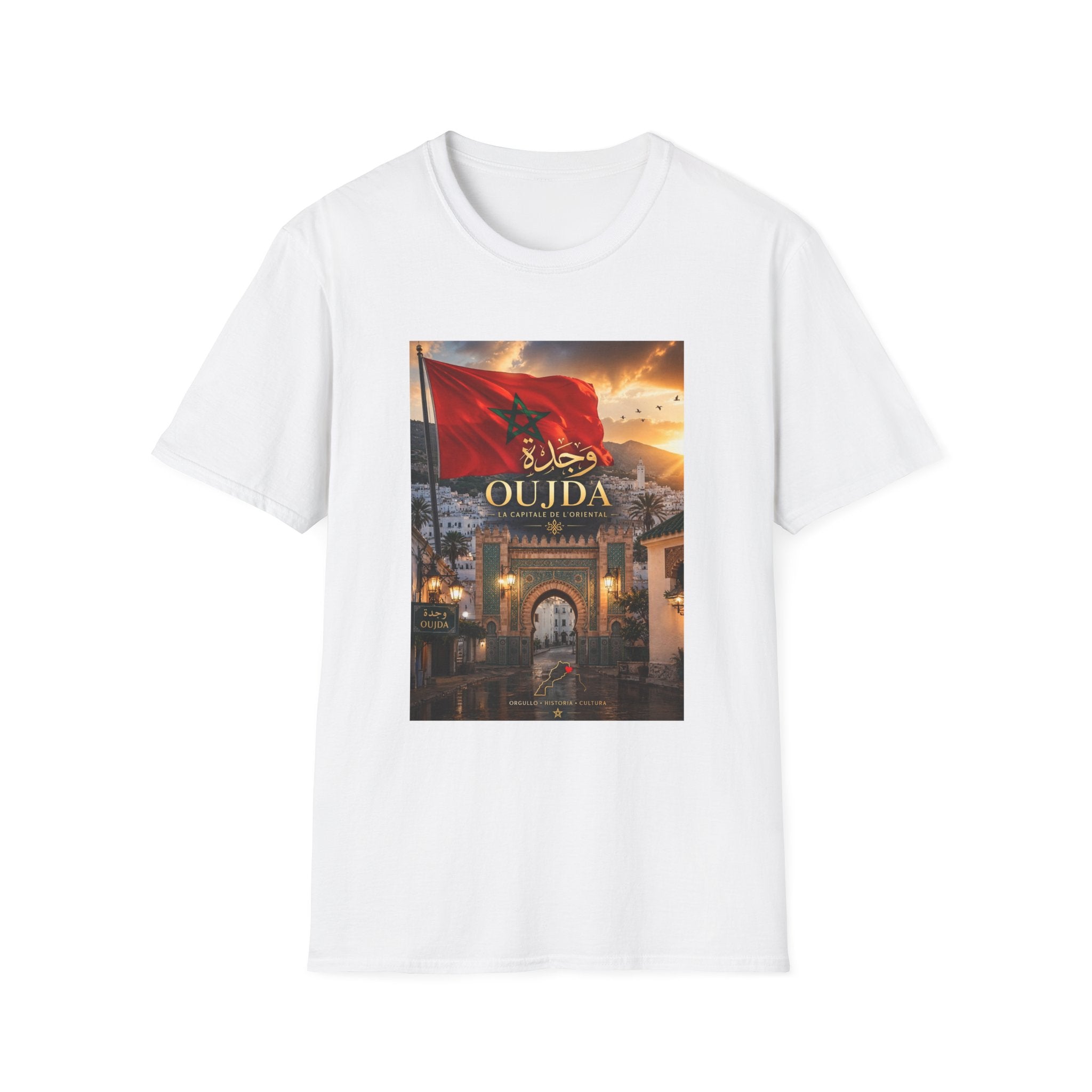 Oujda Morocco Flag T-Shirt — Sunset Cityscape with Arabic Script