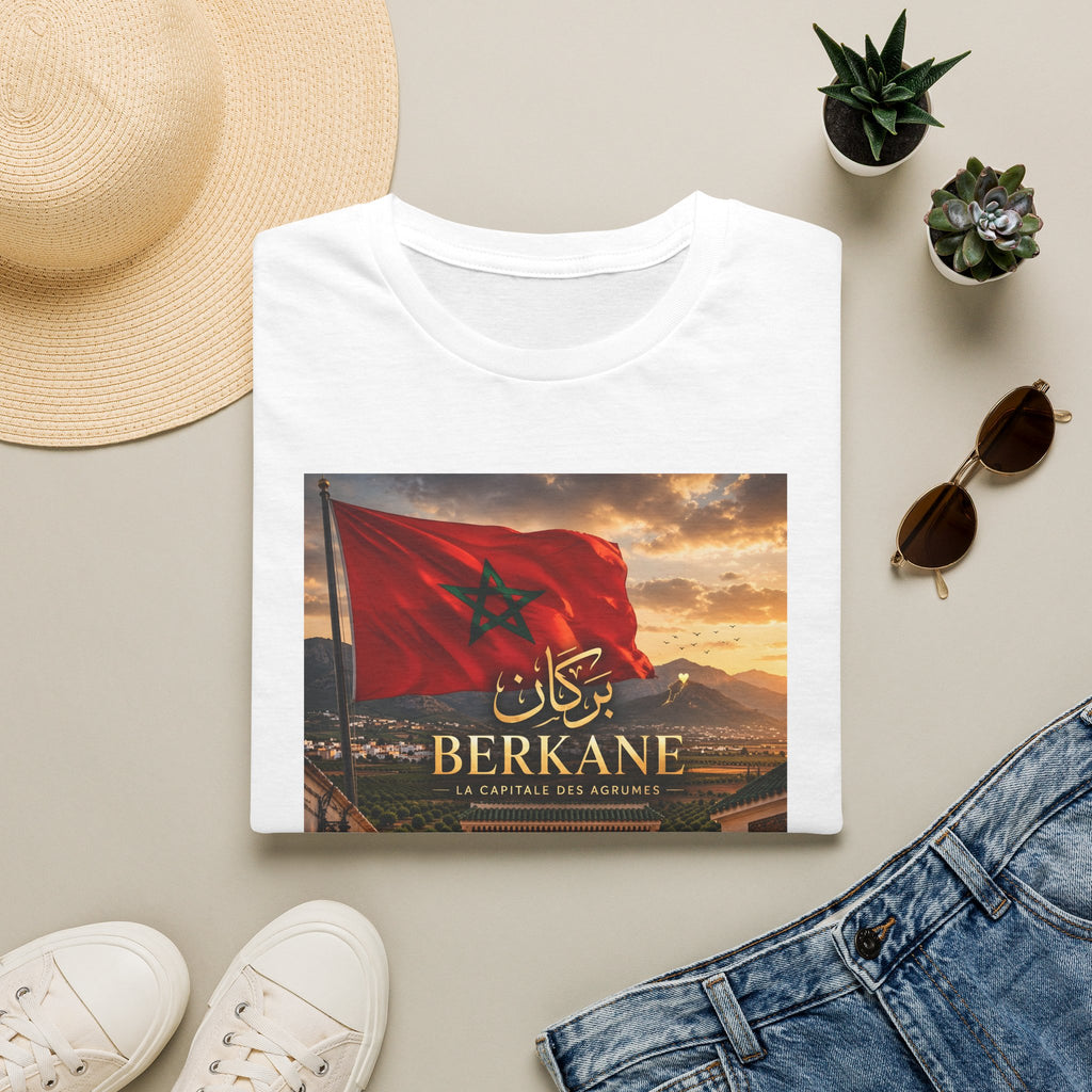 Berkane Morocco Flag Graphic T‑Shirt — Arabic Script Sunset Cityscape - LUMÏA