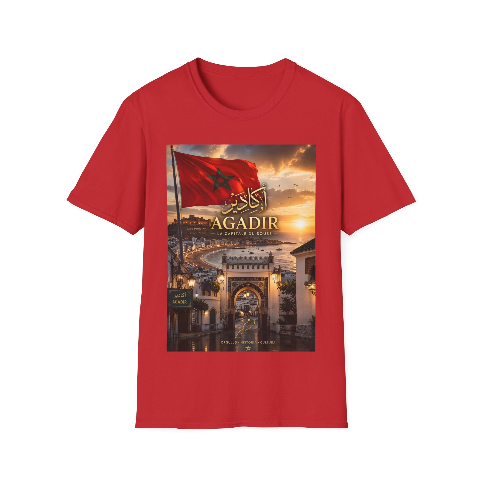 Agadir Morocco Flag T-Shirt — Sunset Cityscape with Arabic Script