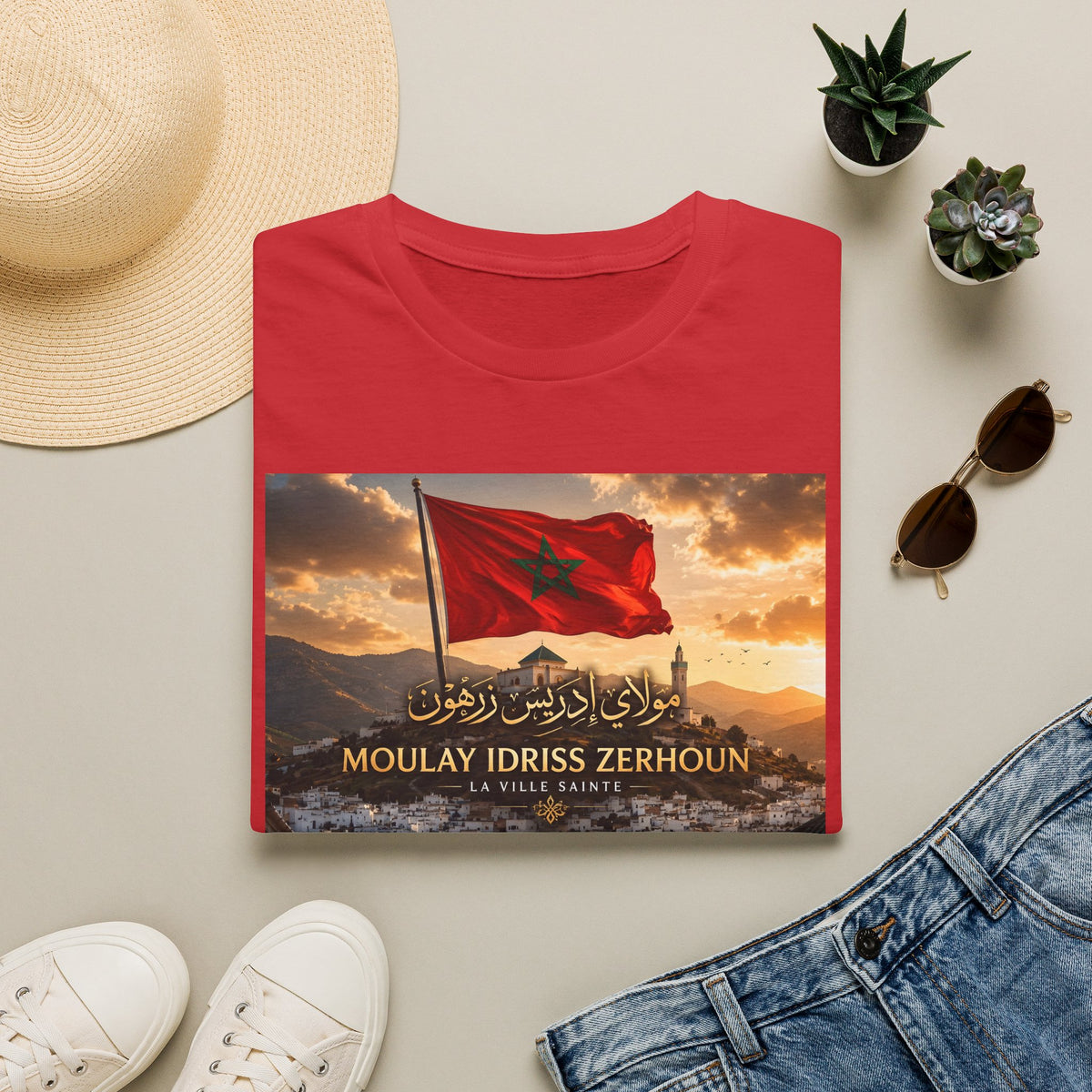 Moulay Idriss Zerhoun Morocco Flag T‑Shirt – Scenic Cityscape Tee - LUMÏA