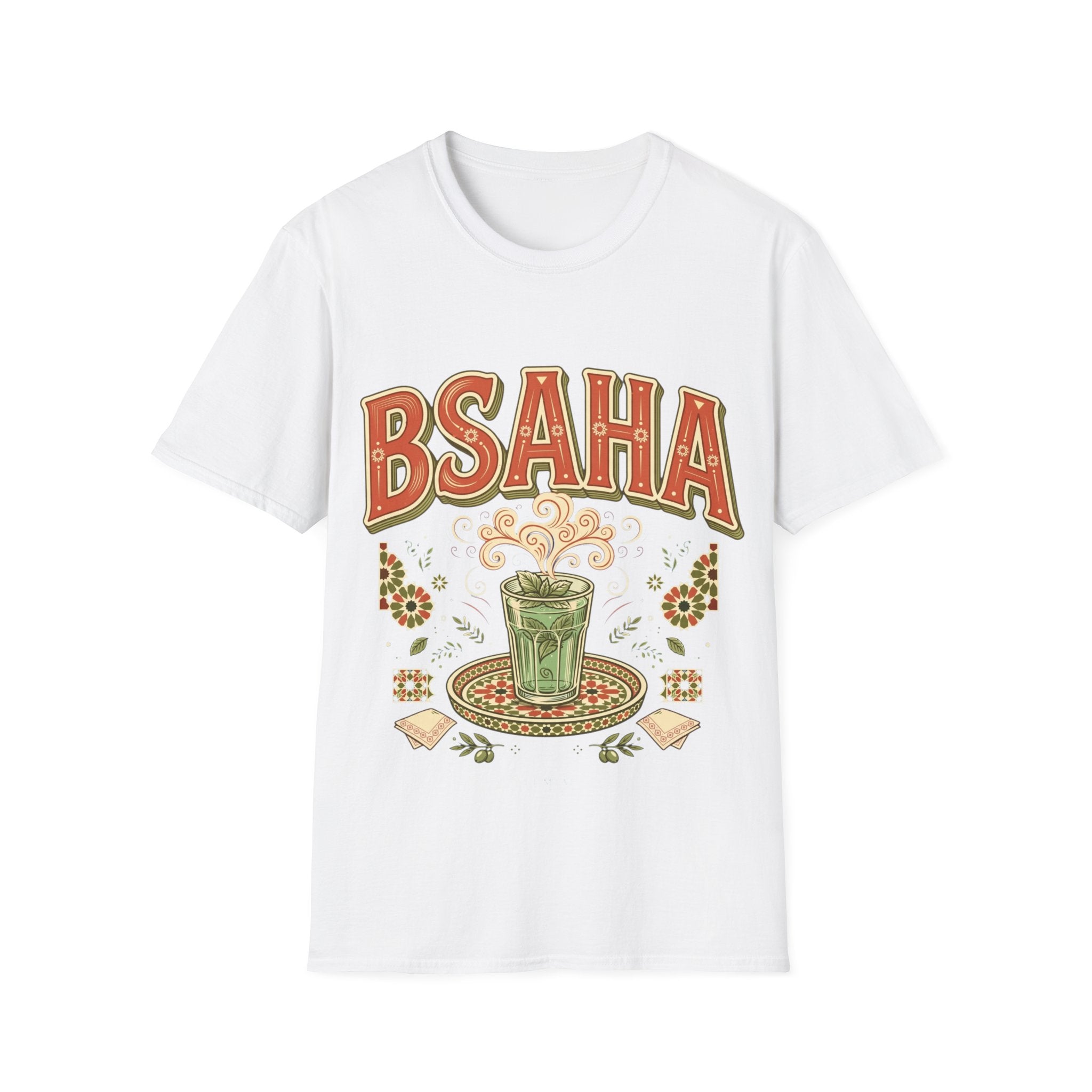T-Shirt — 'BSAHA' Retro Floral Tee with Matcha Glass Graphic