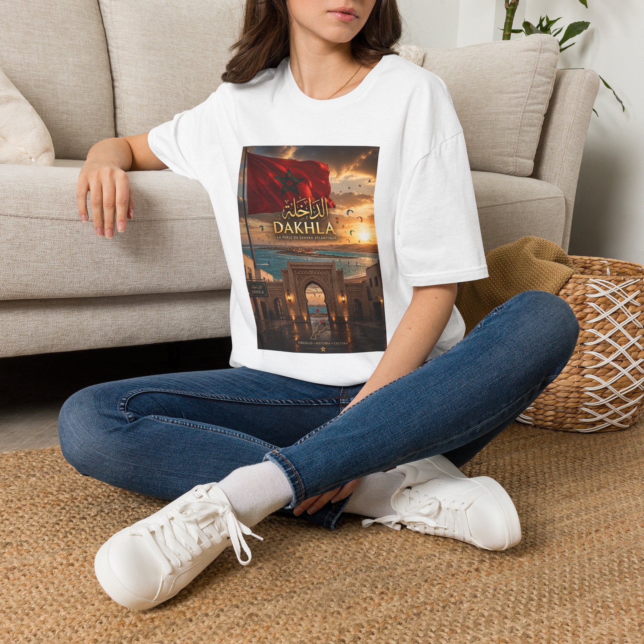Dakhla Morocco Flag Sunset T-Shirt — Arabic Script Coastal Travel Tee
