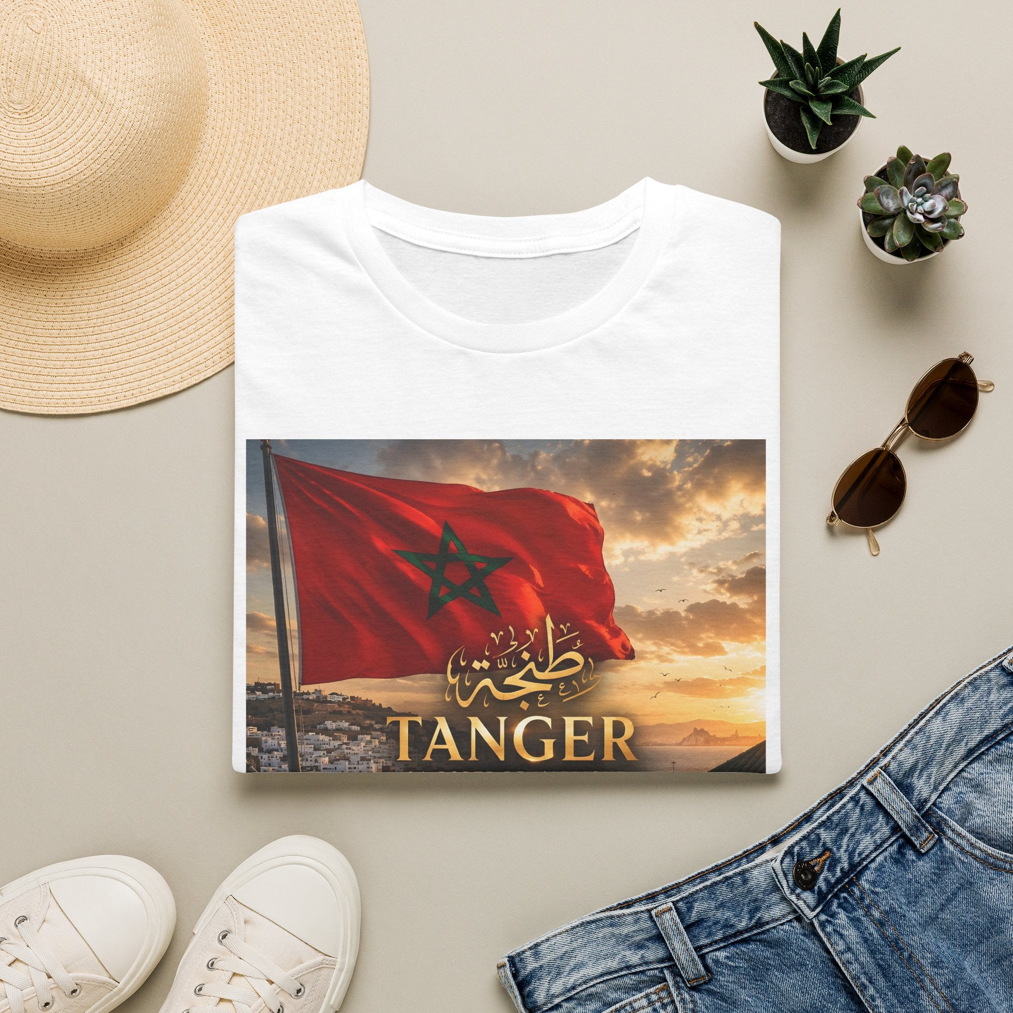 T-Shirt — Tangier Morocco Flag Sunset Tee (TANGER with Arabic script)