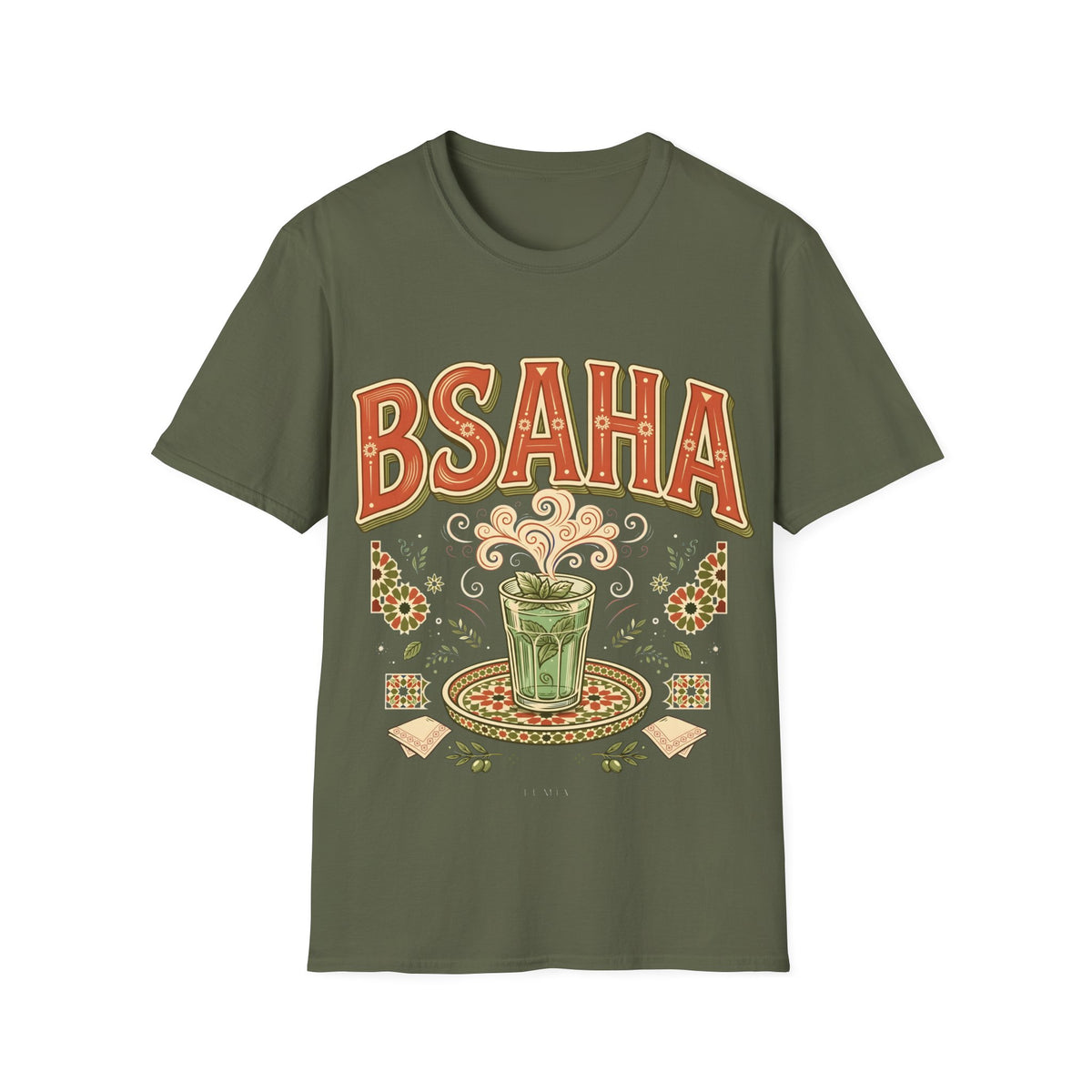 T-Shirt — 'BSAHA' Retro Floral Tee with Matcha Glass Graphic - LUMÏA