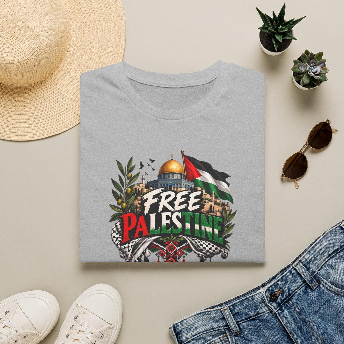 T-shirt Palestine – Motif Dôme du Rocher, branches d’olivier et drapeau - LUMÏA