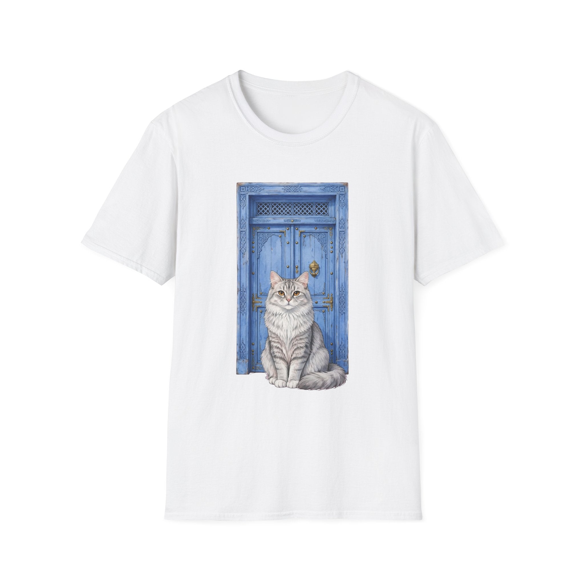 Cat by Blue Door T-Shirt — Charming Cat Illustration Tee