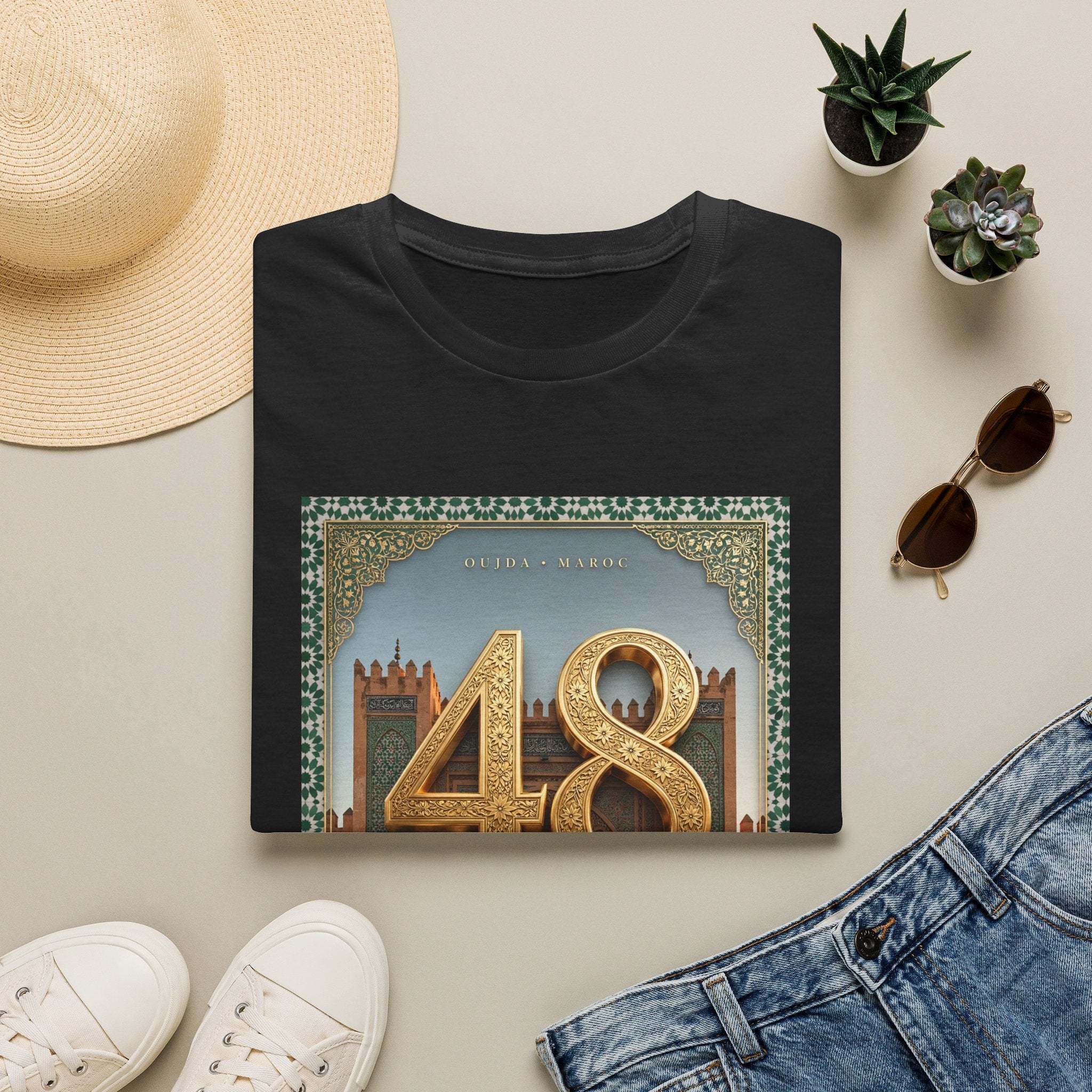 48 Oujda Arch Gold T-Shirt — Moroccan City Souvenir Graphic Tee - LUMÏA