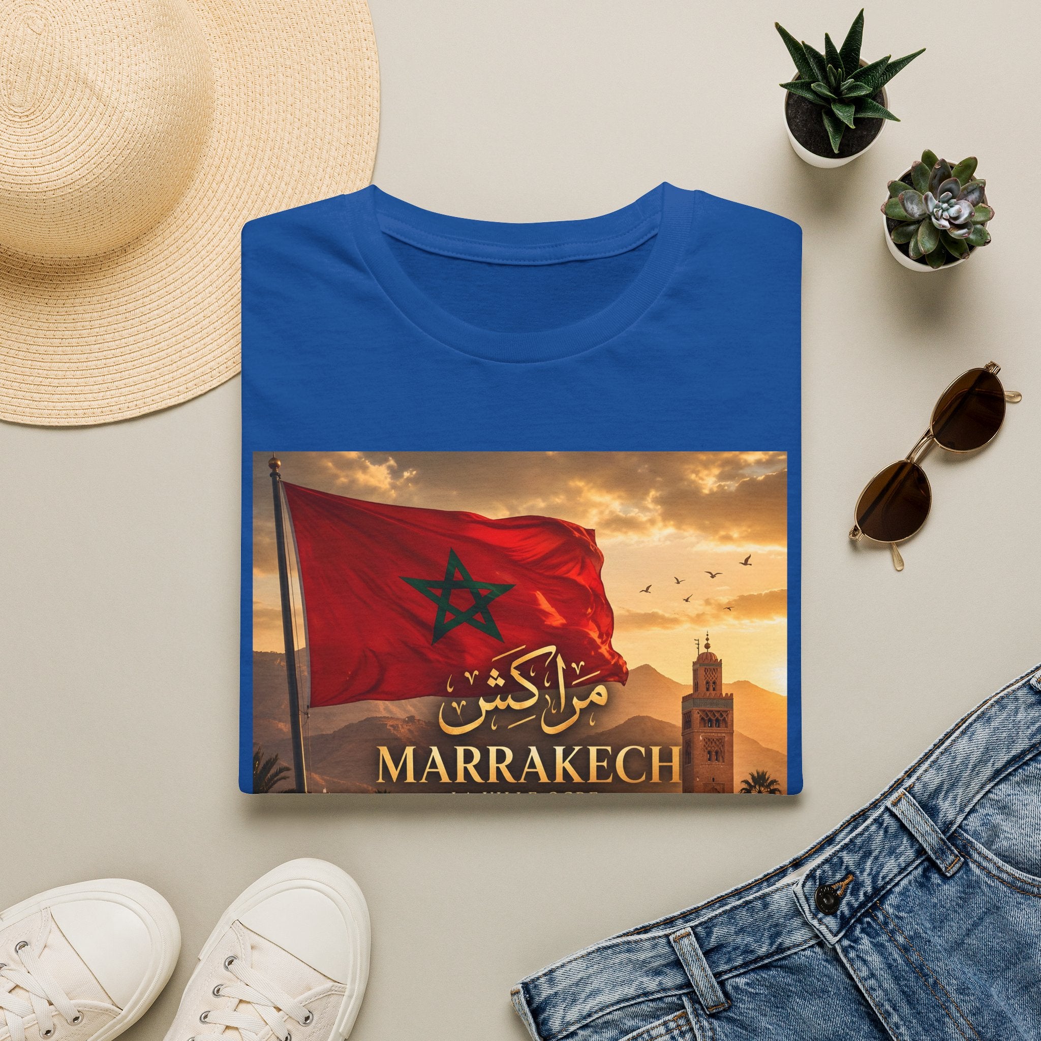 Marrakech Flag Sunset T-Shirt — Moroccan Pride Koutoubia Graphic Tee - LUMÏA