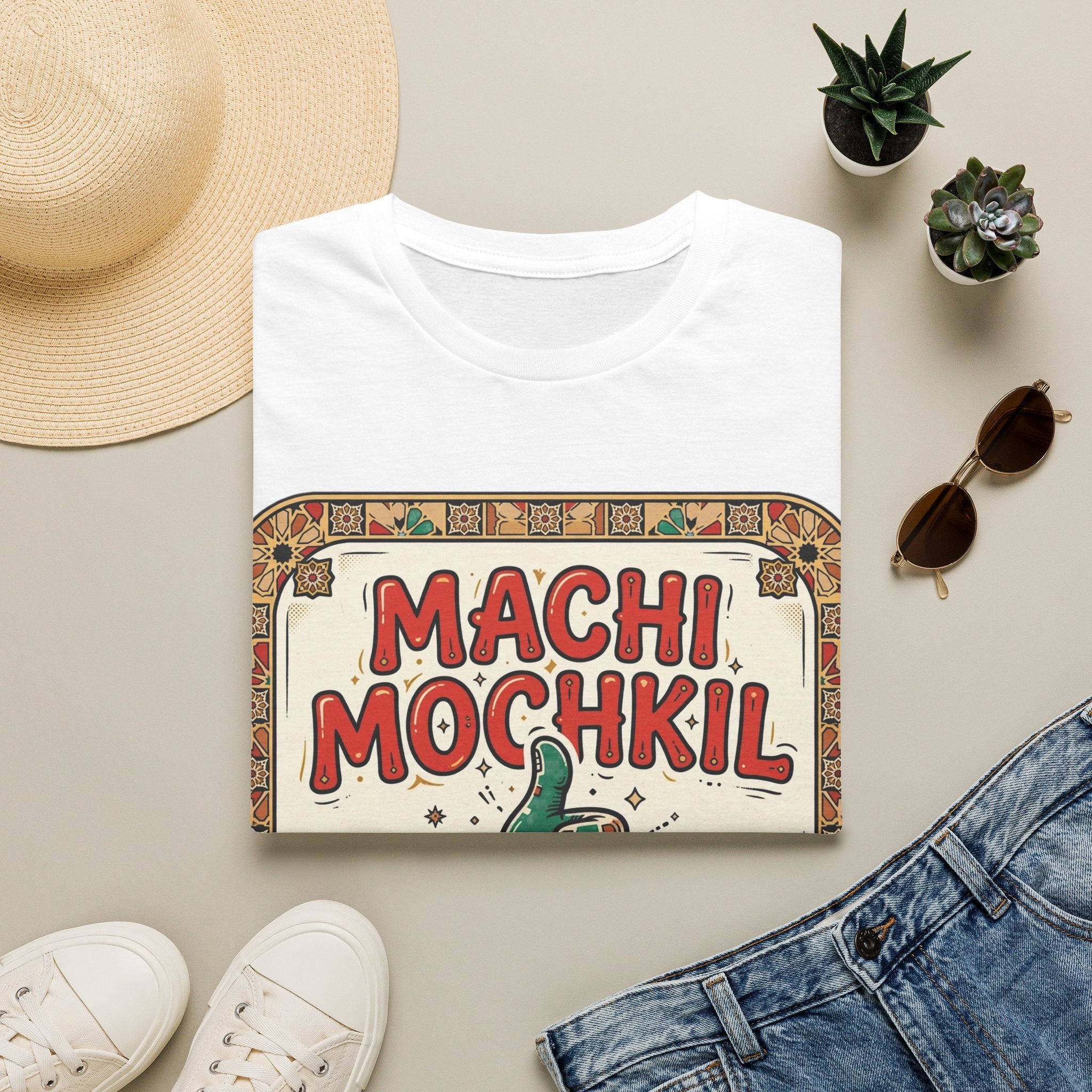 Machi Mochkil Graphic T‑Shirt — Retro Thumbs-Up Punjabi Phrase Tee