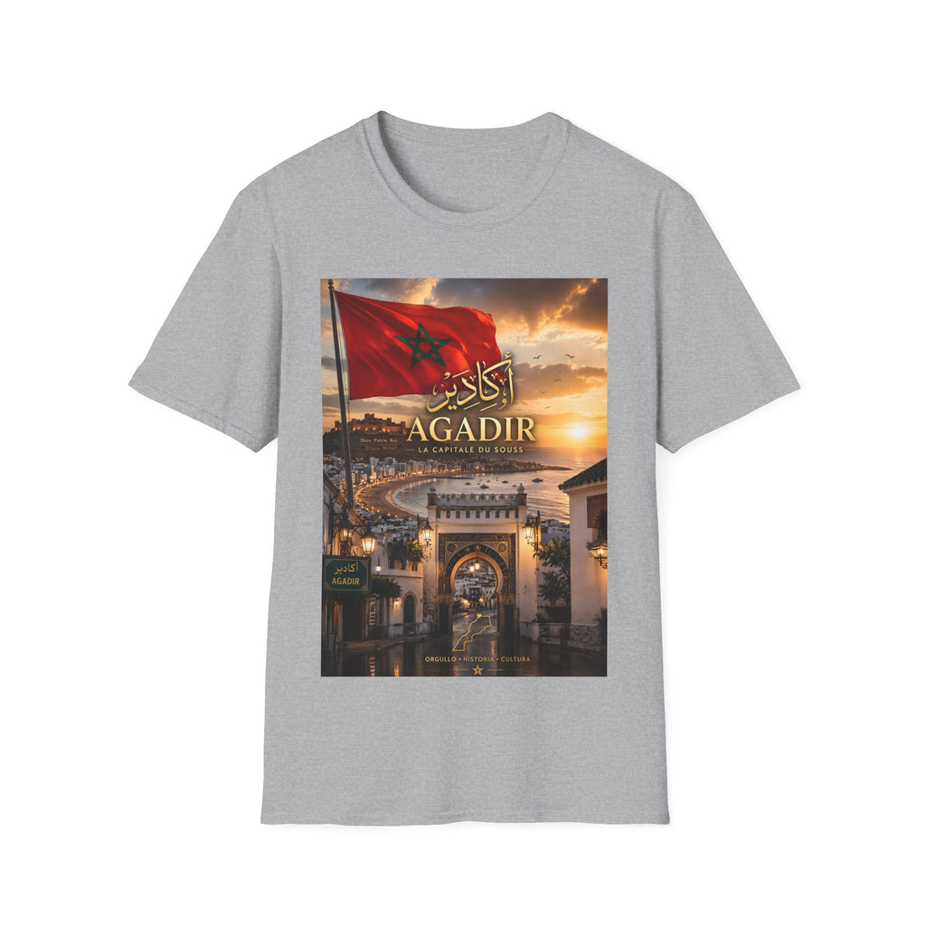 Agadir Morocco Flag T-Shirt — Sunset Cityscape with Arabic Script
