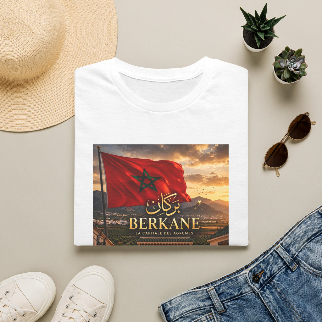 Berkane Morocco Flag Graphic T‑Shirt — Arabic Script Sunset Cityscape