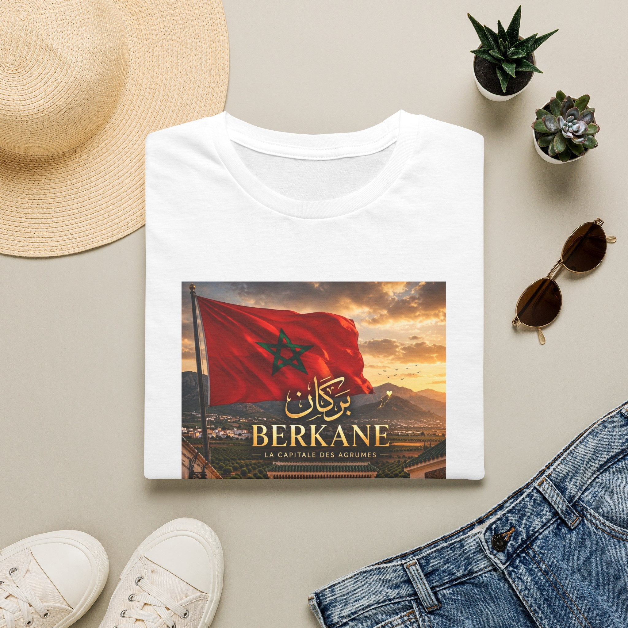 Berkane Morocco Flag Graphic T‑Shirt — Arabic Script Sunset Cityscape
