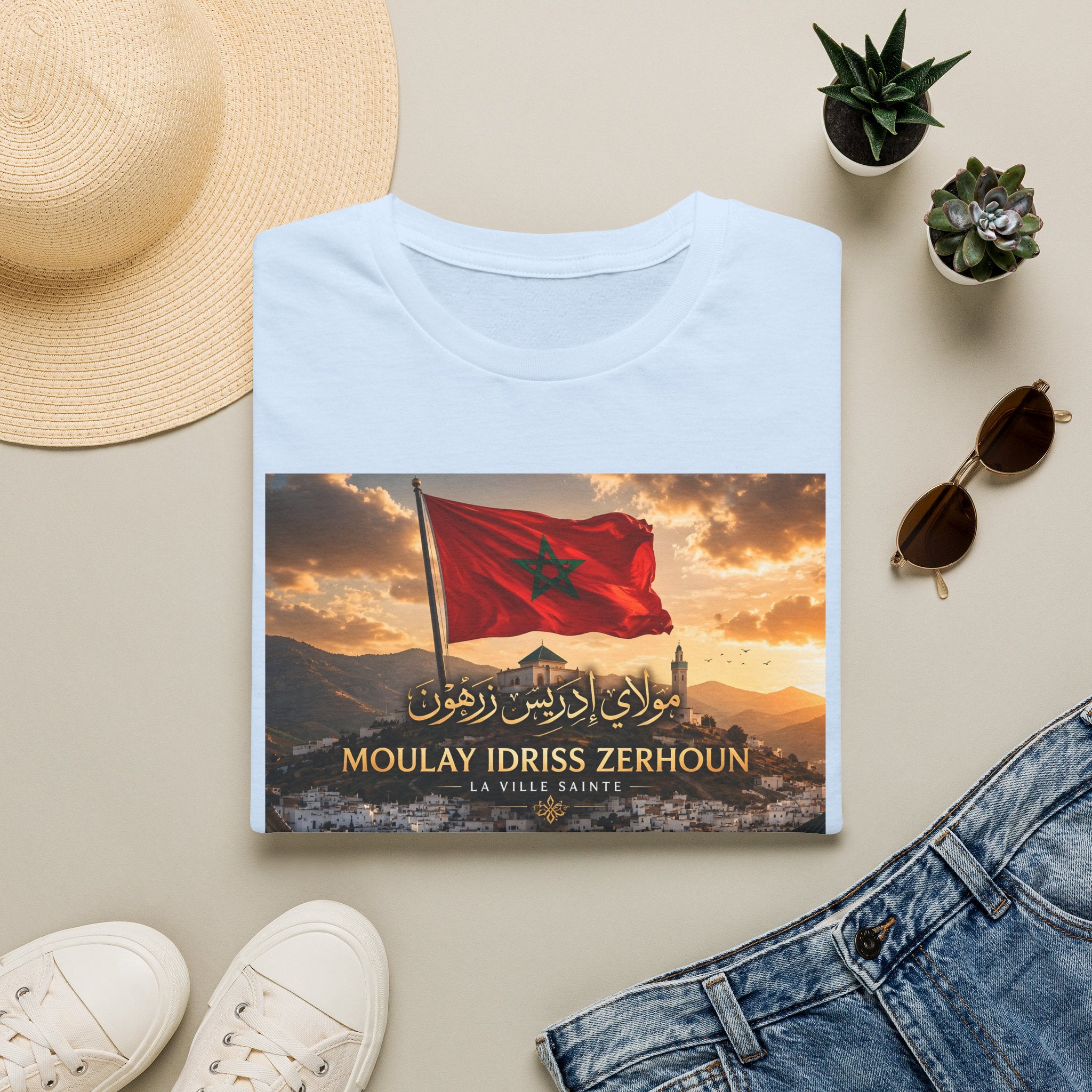 Moulay Idriss Zerhoun Morocco Flag T‑Shirt – Scenic Cityscape Tee