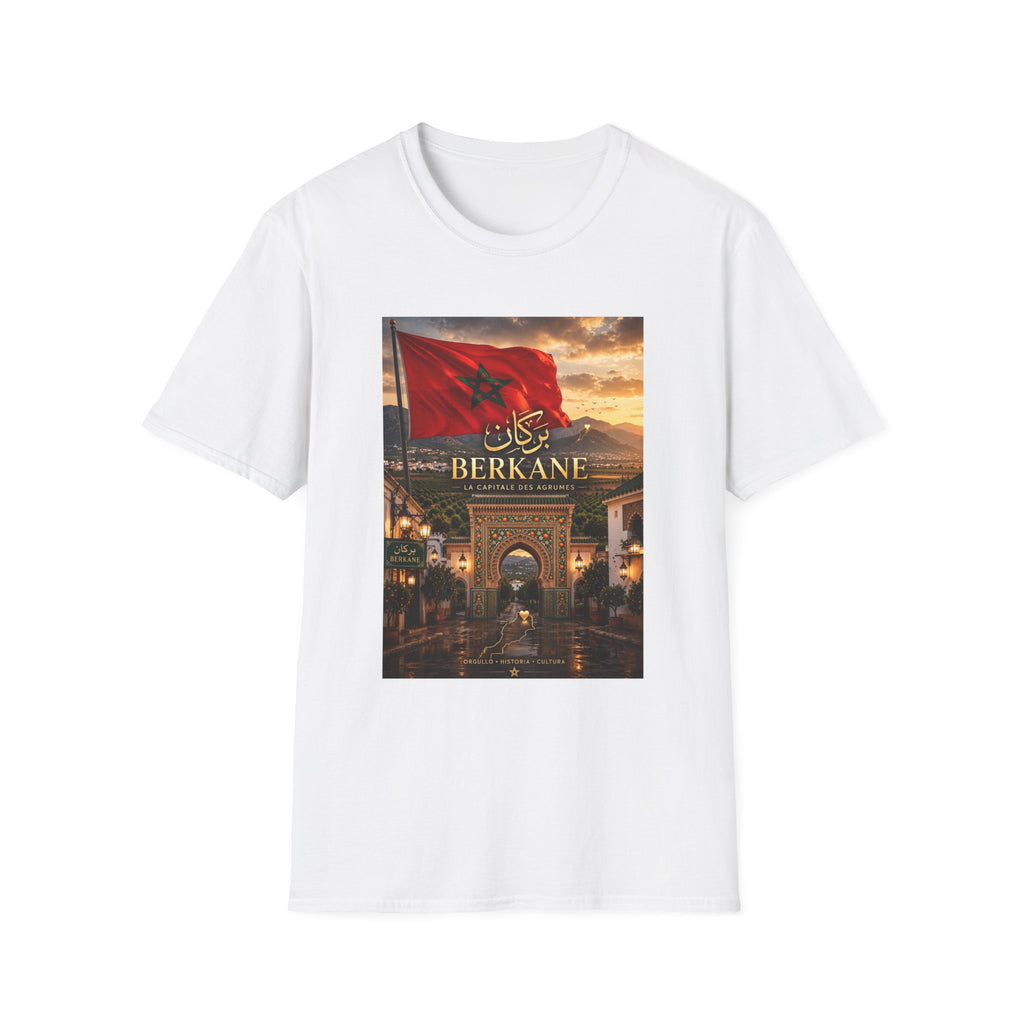 Berkane Morocco Flag Graphic T‑Shirt — Arabic Script Sunset Cityscape