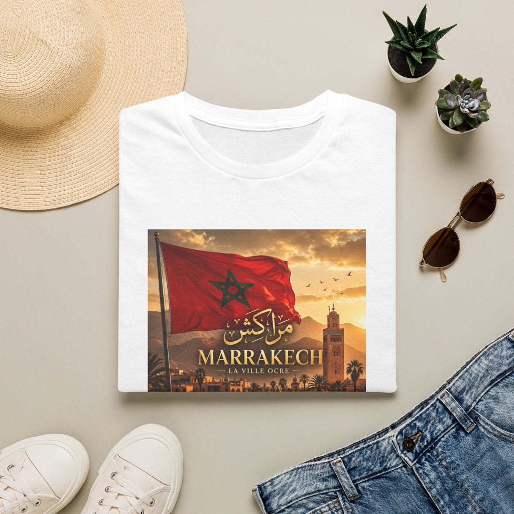 Marrakech Sunset T-Shirt — Moroccan Flag & Medina Vintage Travel Tee