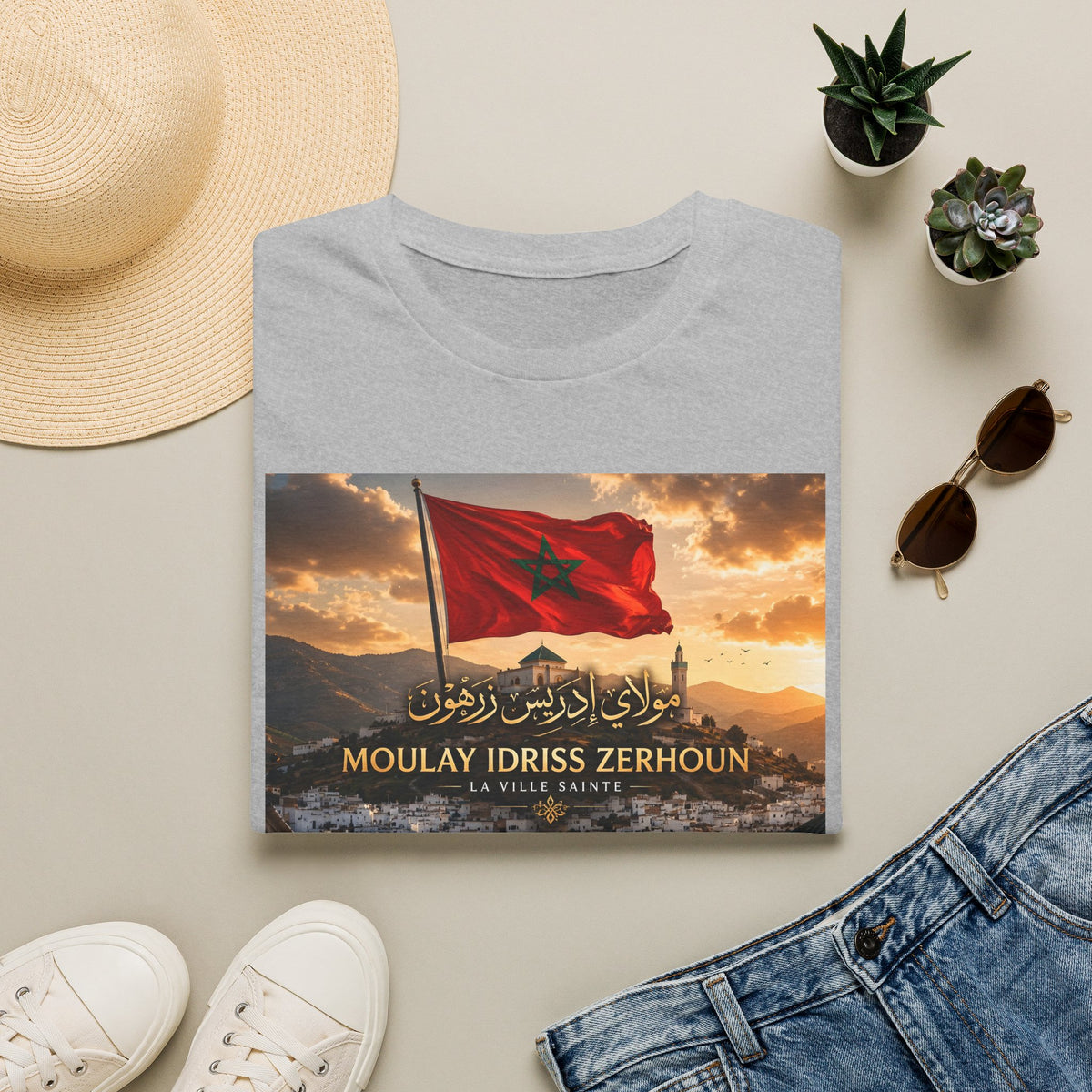Moulay Idriss Zerhoun Morocco Flag T‑Shirt – Scenic Cityscape Tee - LUMÏA