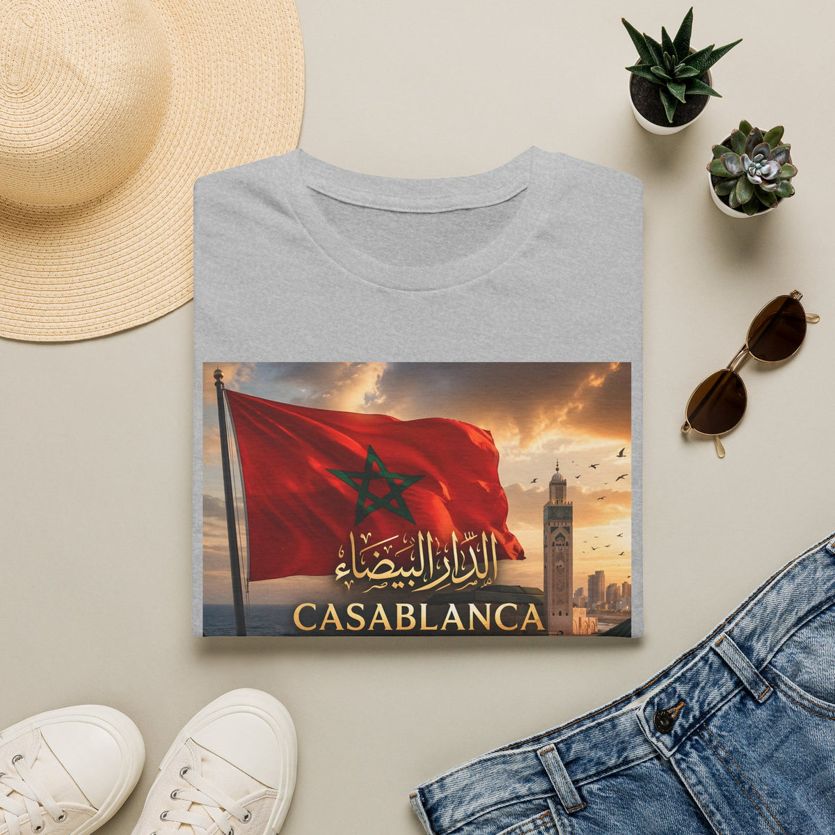 Casablanca Flag T-Shirt — Moroccan Cityscape Tee (Arabic Text 'الدار البيضاء') - LUMÏA