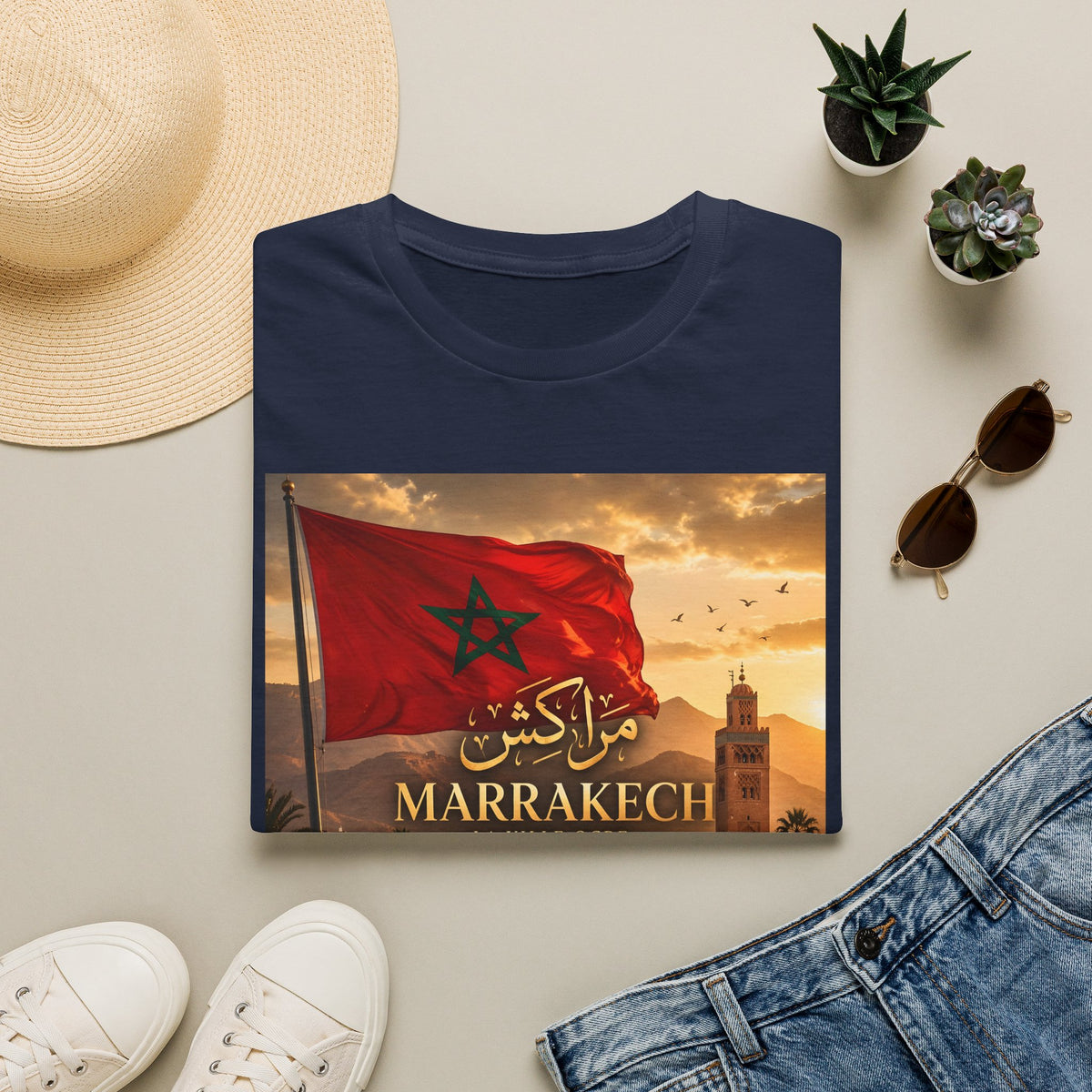 Marrakech Flag Sunset T-Shirt — Moroccan Pride Koutoubia Graphic Tee - LUMÏA