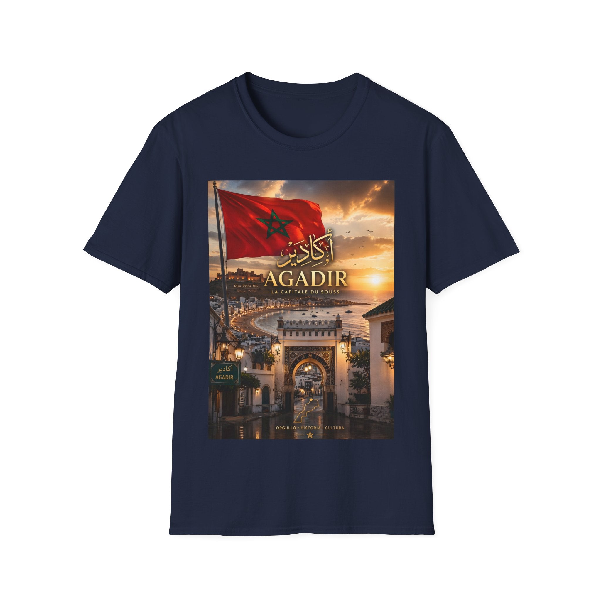 Agadir Morocco Flag T-Shirt — Sunset Cityscape with Arabic Script