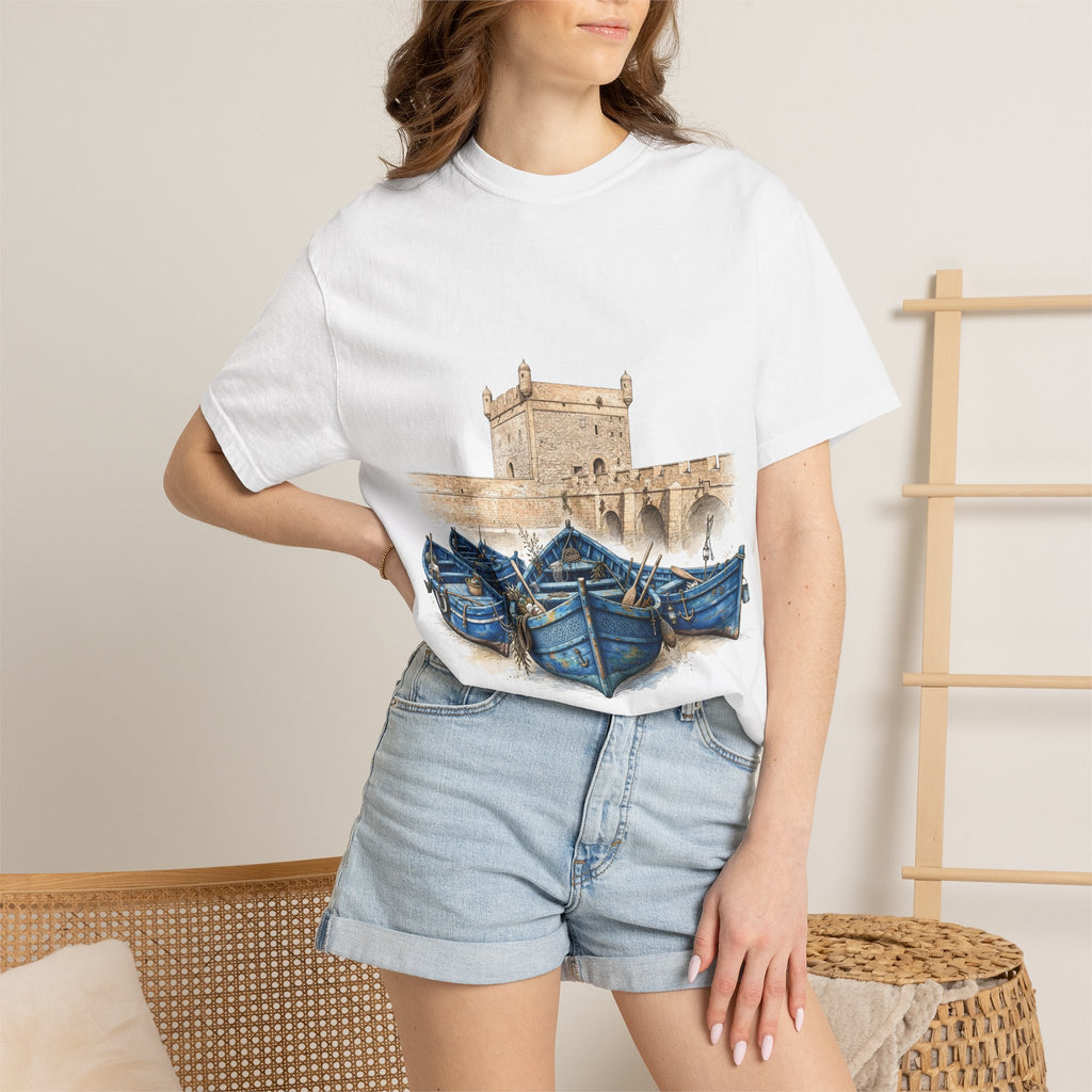 Boat Harbor T-Shirt — Moroccan Blue Fishing Boats & Kasbah Illustration
