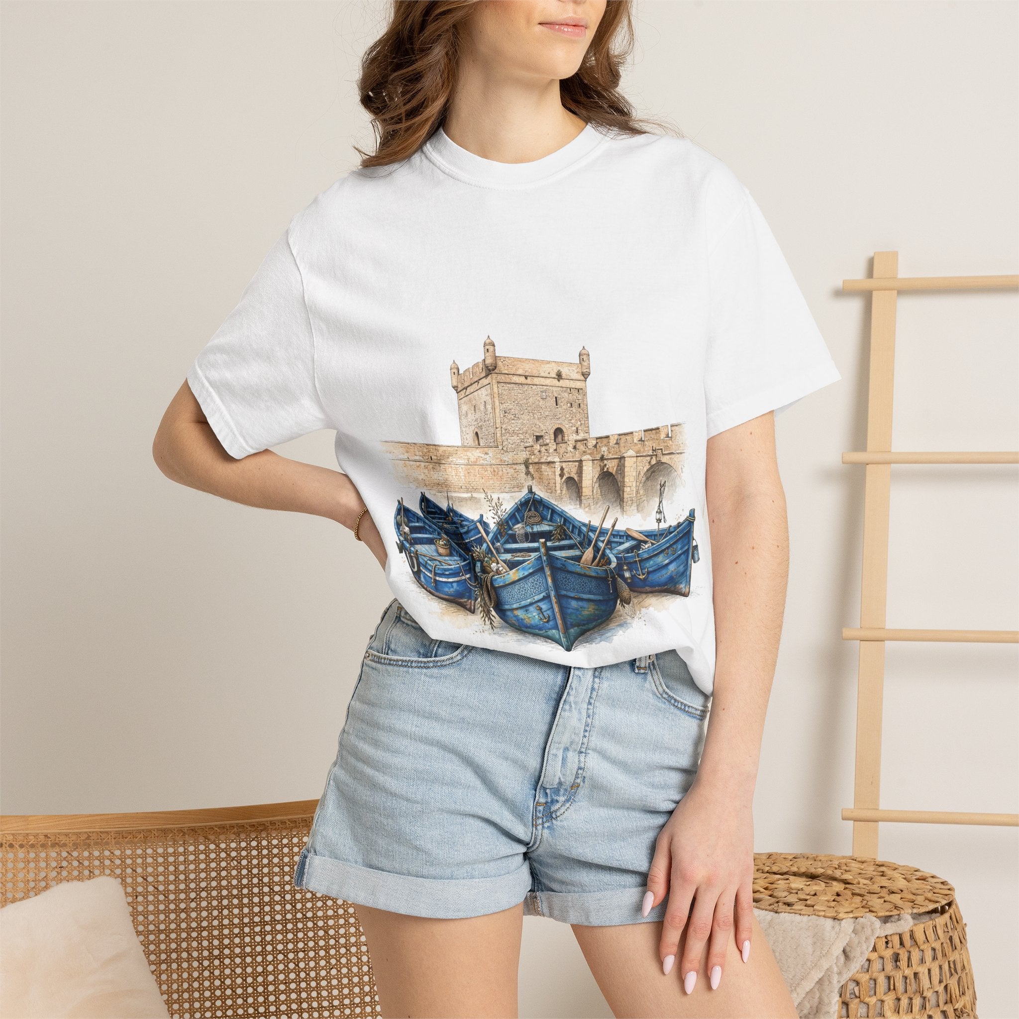Boat Harbor T-Shirt — Moroccan Blue Fishing Boats & Kasbah Illustration