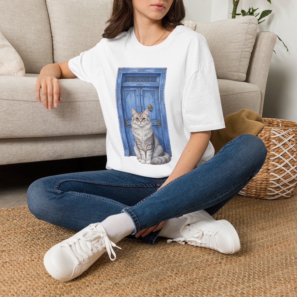 Cat by Blue Door T-Shirt — Charming Cat Illustration Tee