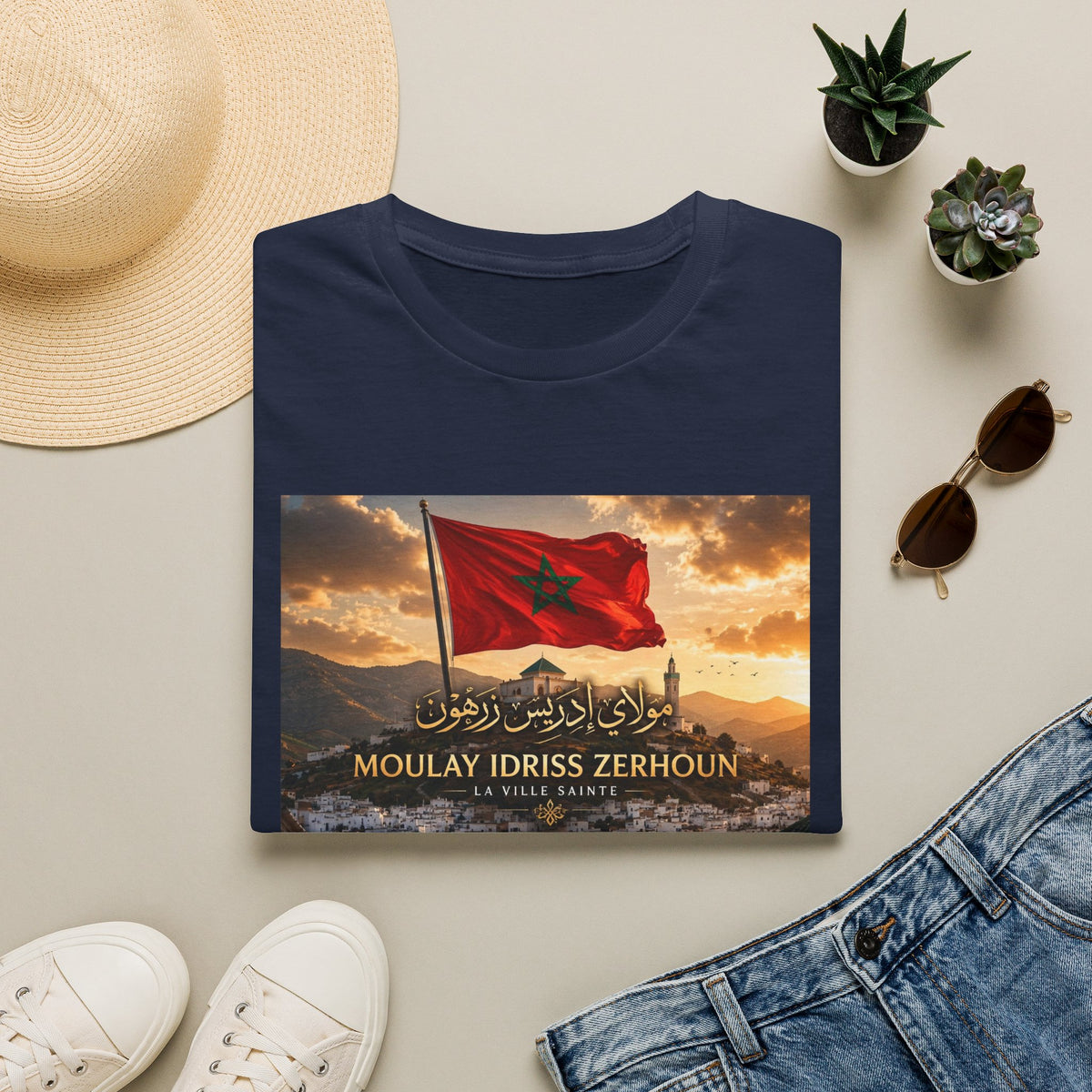 Moulay Idriss Zerhoun Morocco Flag T‑Shirt — Scenic Sunset Cityscape Tee - LUMÏA