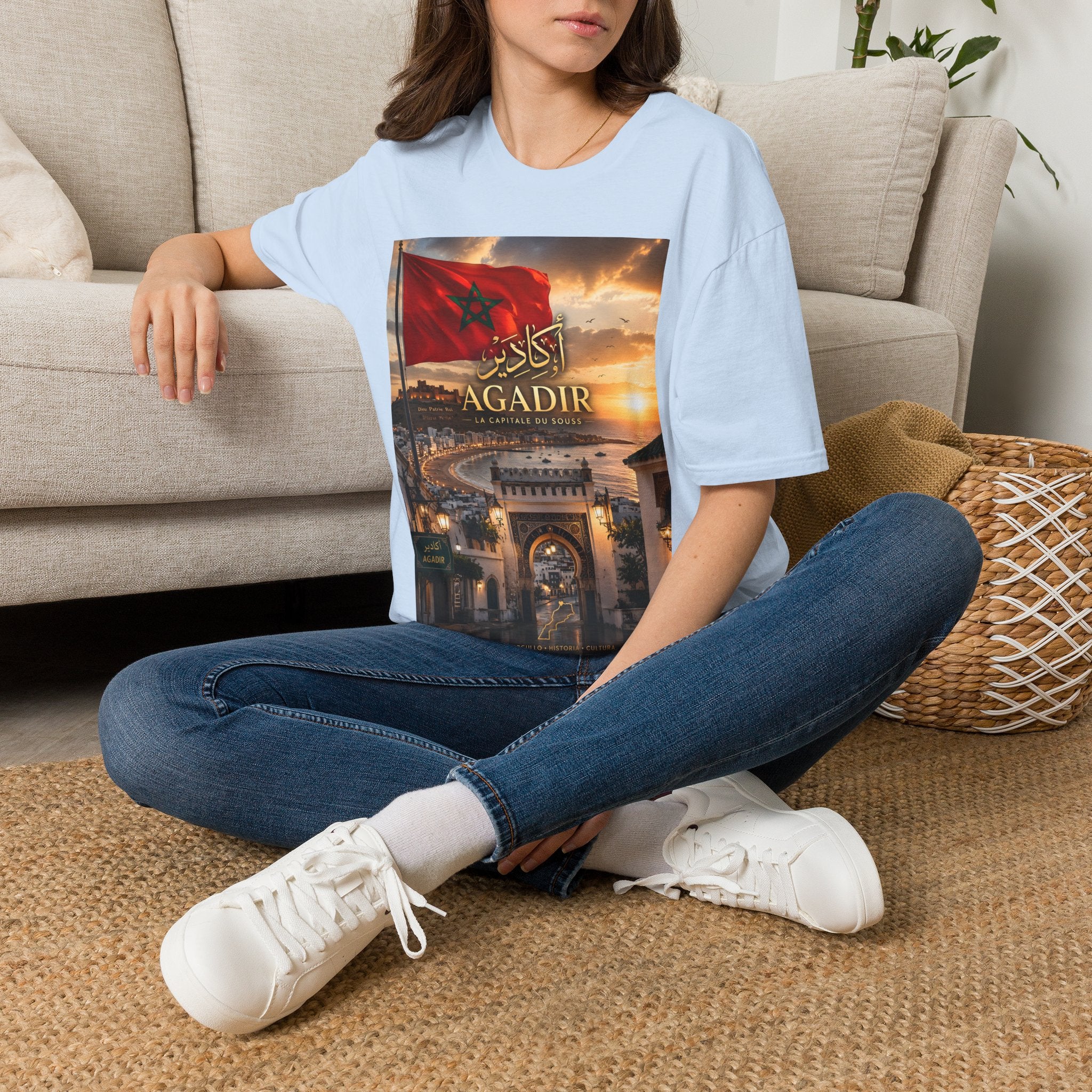 Agadir Morocco Flag T-Shirt — Sunset Cityscape with Arabic Script