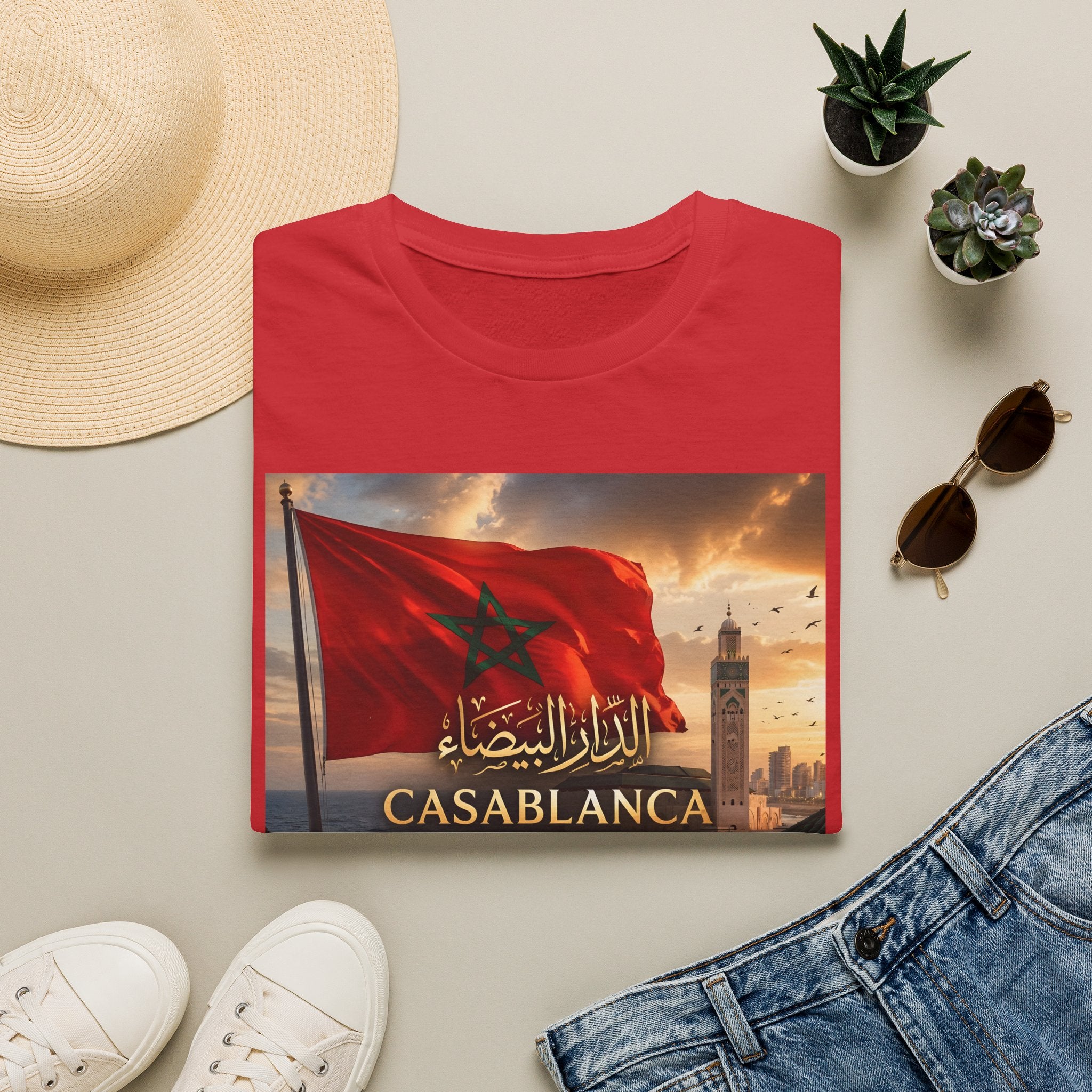 Casablanca Flag T-Shirt — Moroccan Cityscape Tee (Arabic Text 'الدار البيضاء')