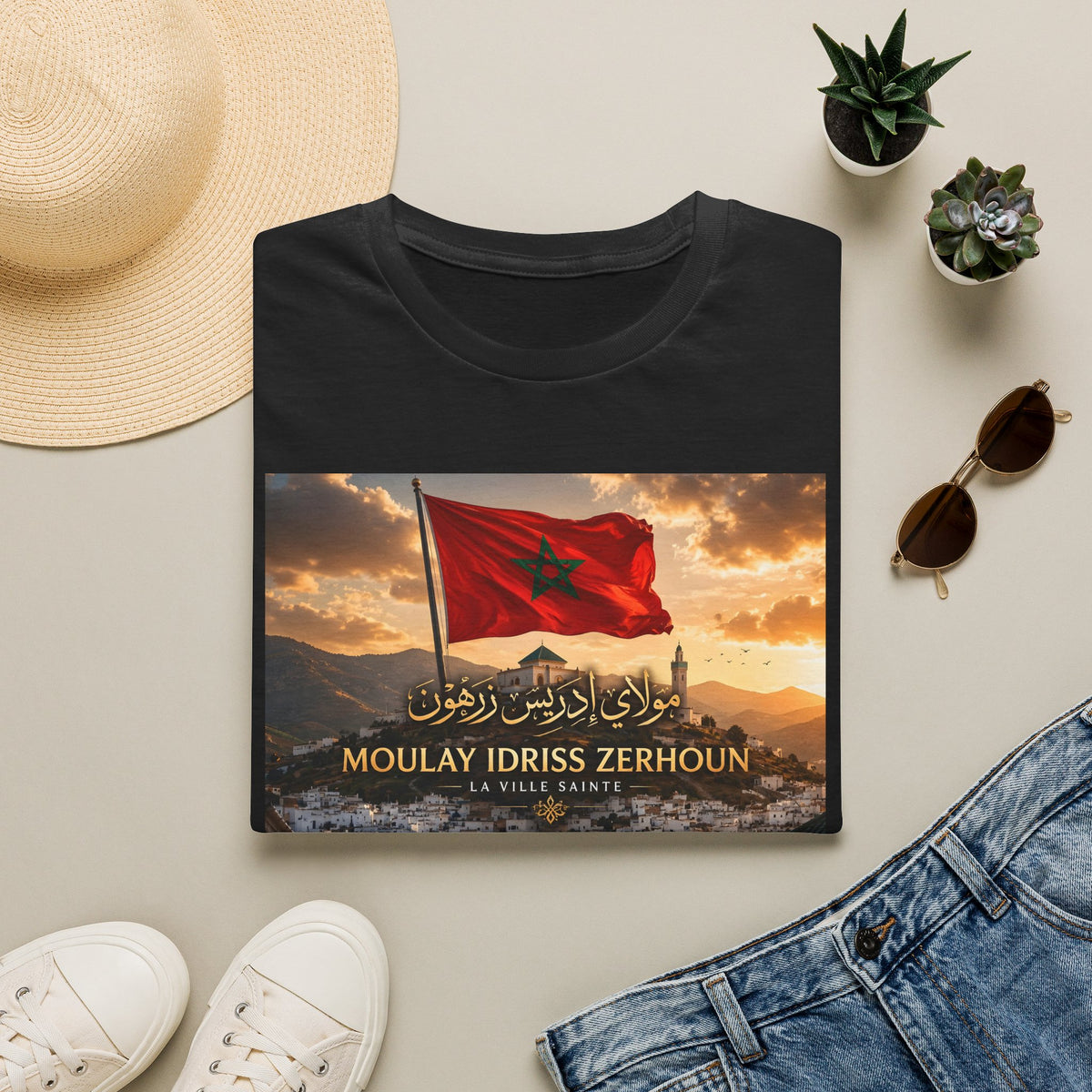 Moulay Idriss Zerhoun Morocco Flag T‑Shirt – Scenic Cityscape Tee - LUMÏA